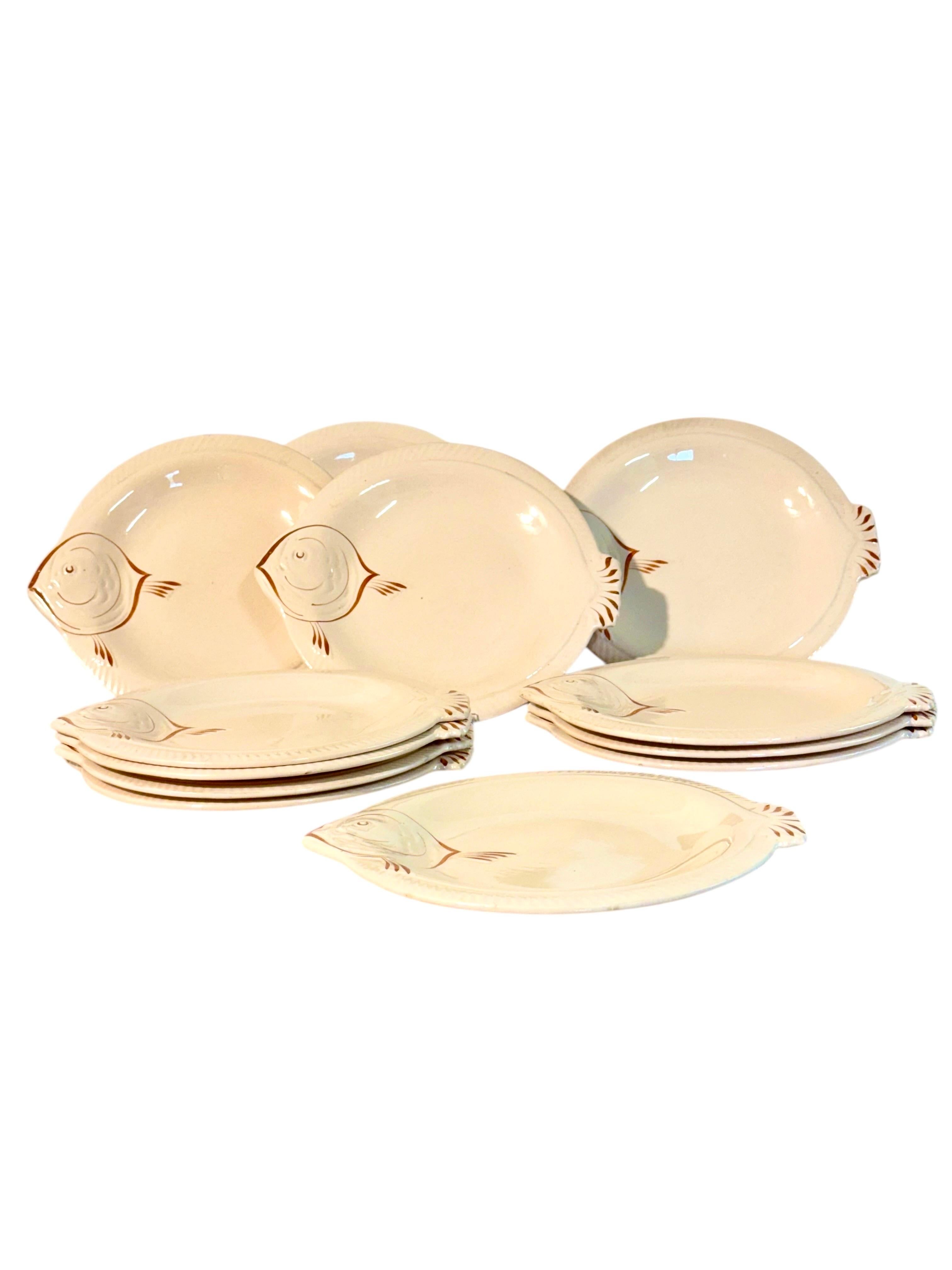 Ceramic Set of 13 Longwy Fish-Shaped Creamware Plates, 20th Century For Sale