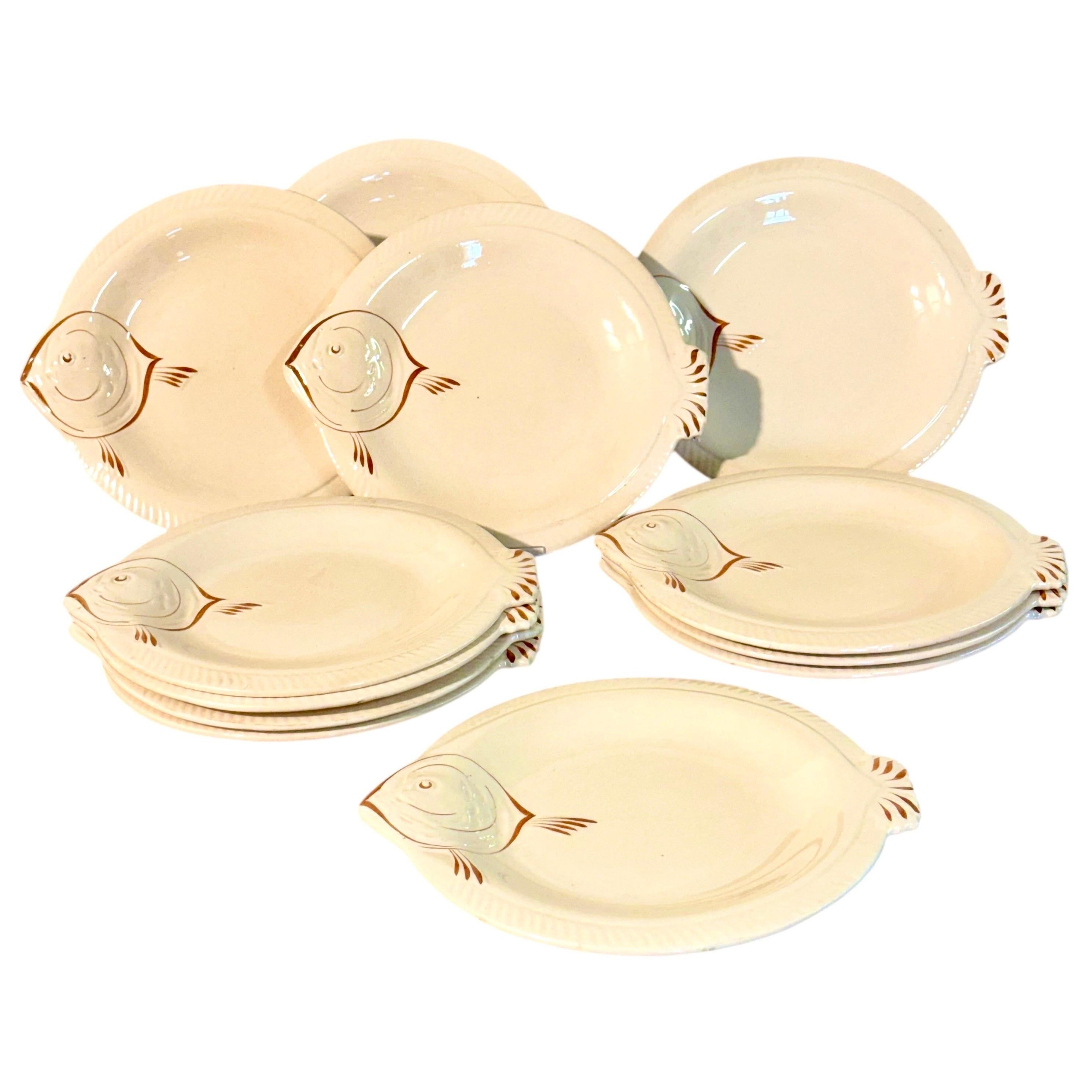 Set of 13 Longwy Fish-Shaped Creamware Plates, 20th Century For Sale