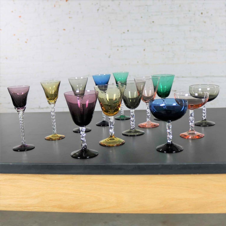 Set of 13 Pieces Multi Color Stemware in Three Sizes with Twisted Clear