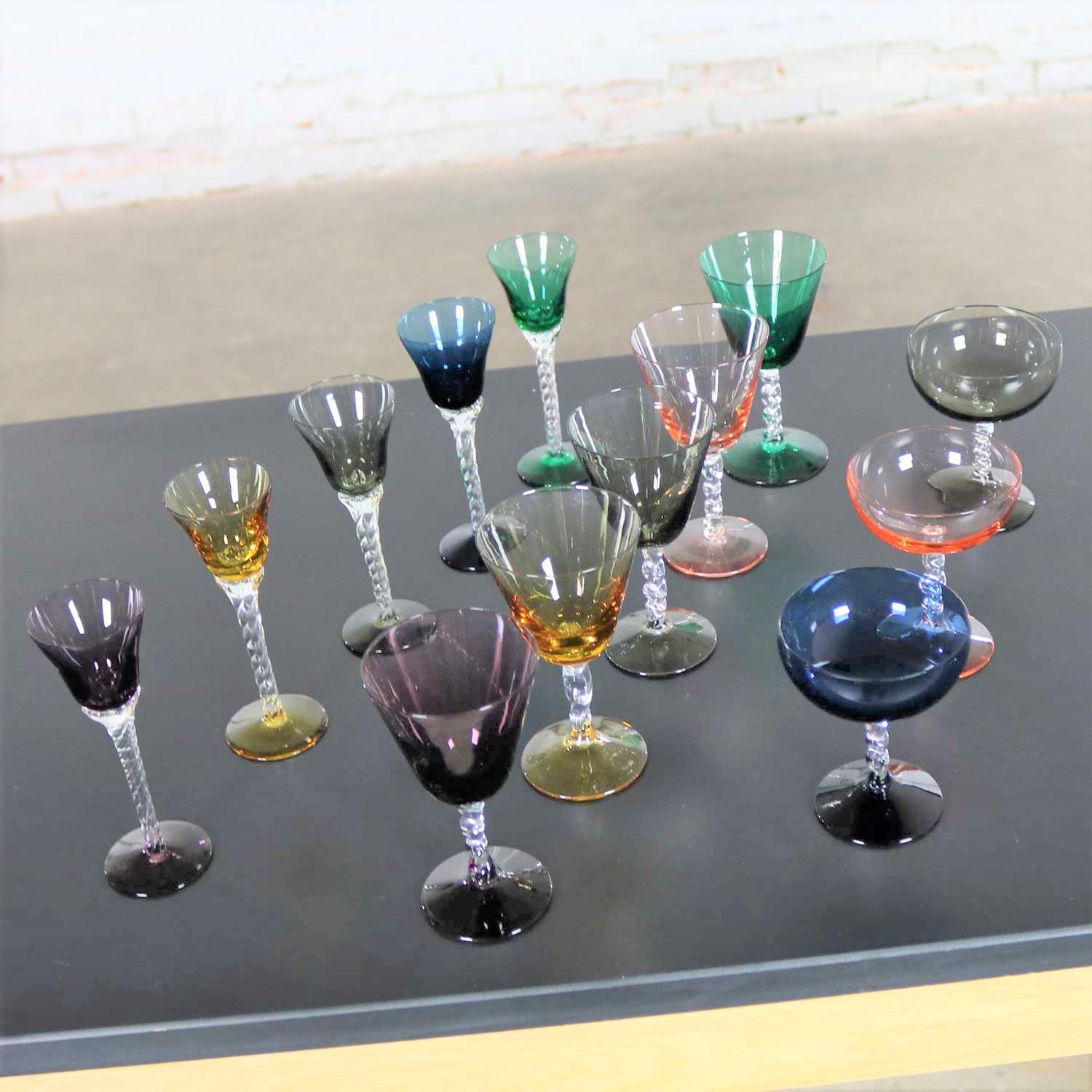 Mid-Century Modern Set of 13 Pieces Multi Color Stemware in Three Sizes with Twisted Clear Stems