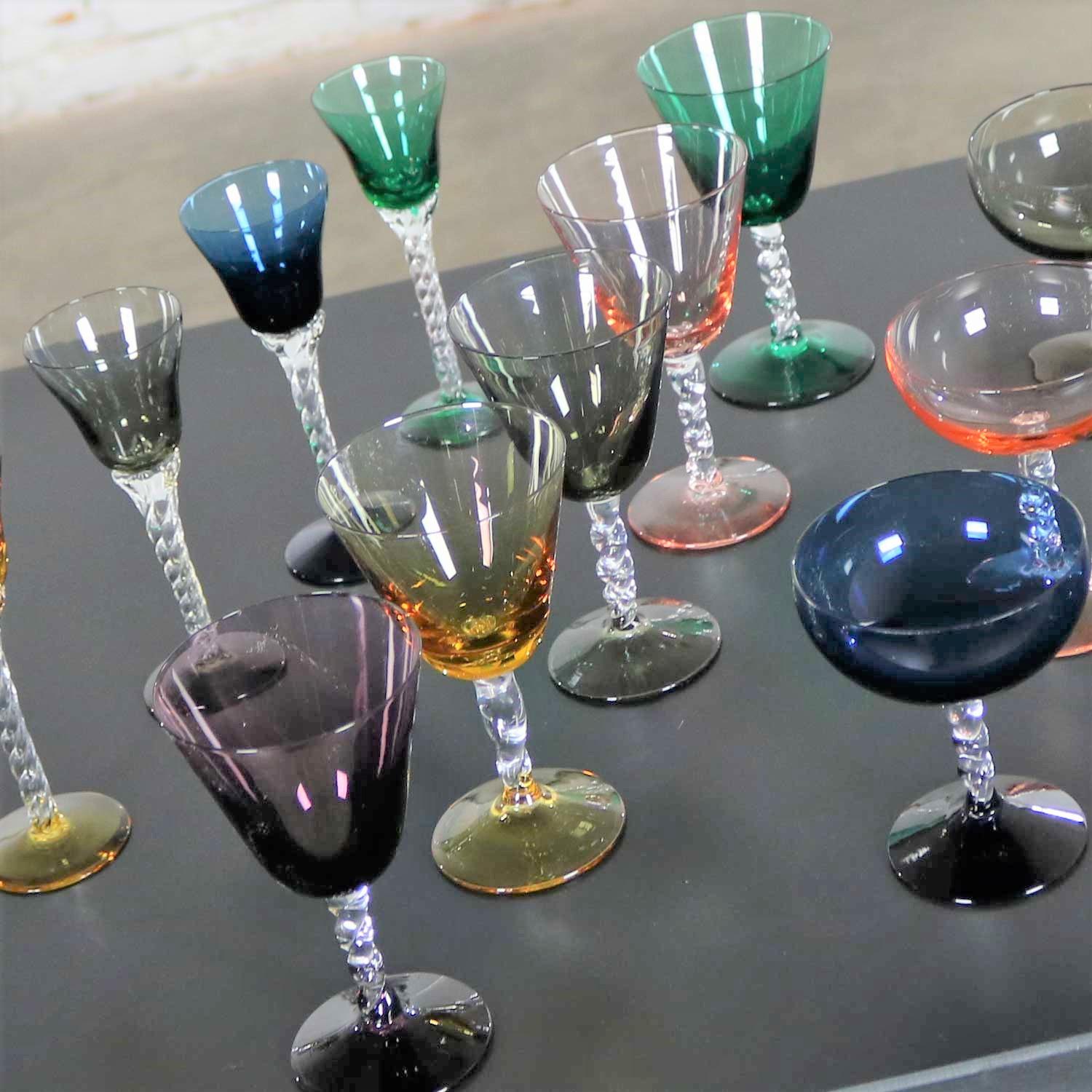 Set of 13 Pieces Multi Color Stemware in Three Sizes with Twisted Clear Stems In Good Condition In Topeka, KS