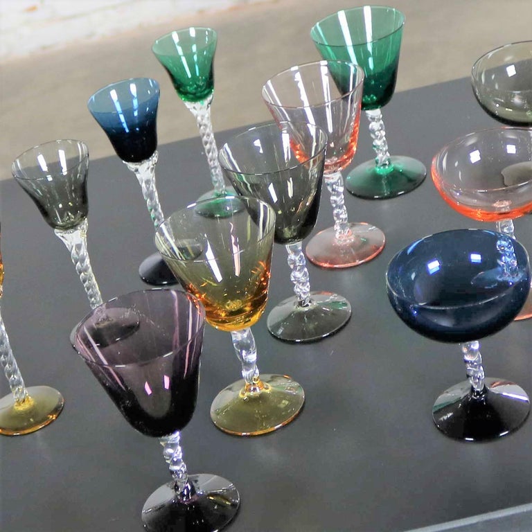 Set of 13 Pieces Multi Color Stemware in Three Sizes with Twisted Clear