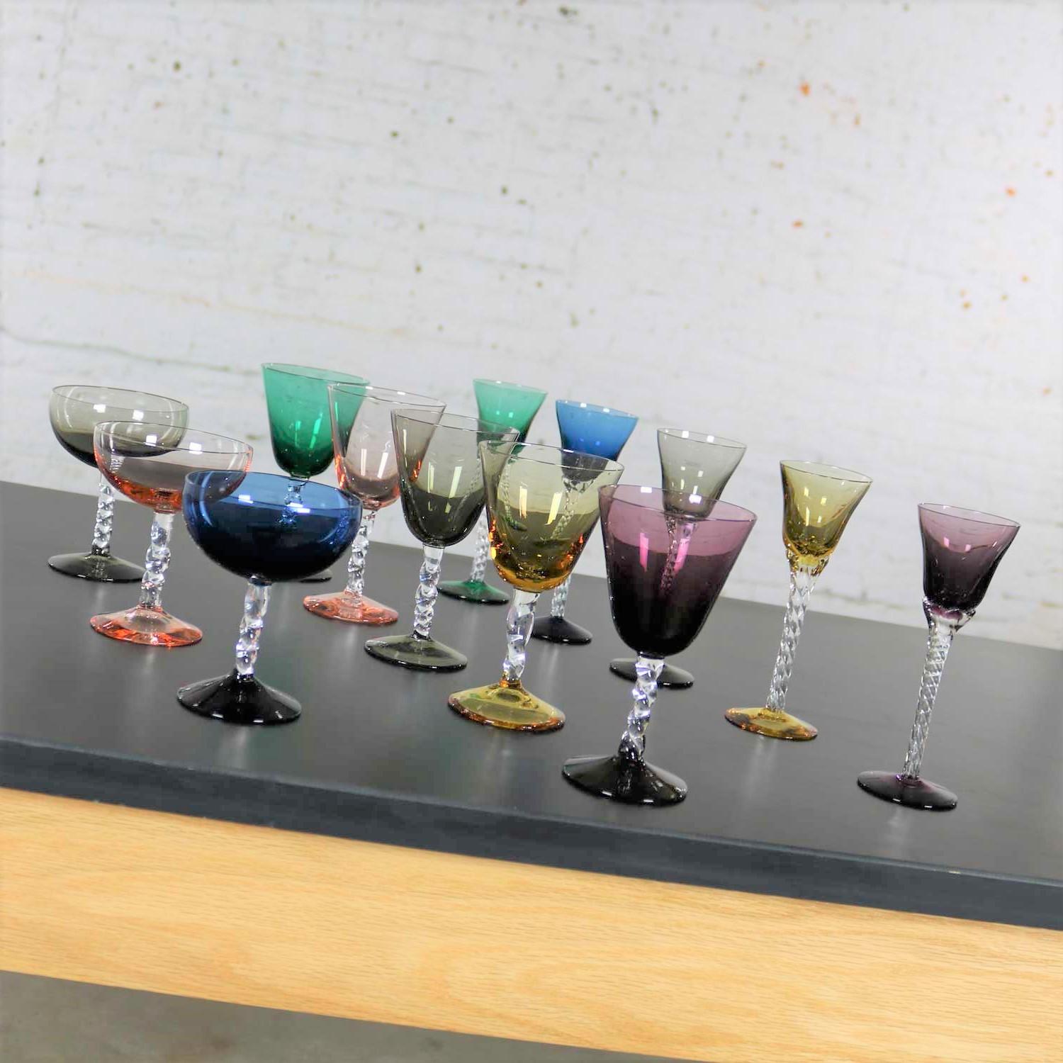 20th Century Set of 13 Pieces Multi Color Stemware in Three Sizes with Twisted Clear Stems