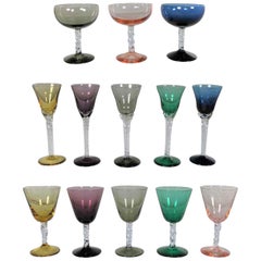Vintage Set of 13 Pieces Multi Color Stemware in Three Sizes with Twisted Clear Stems