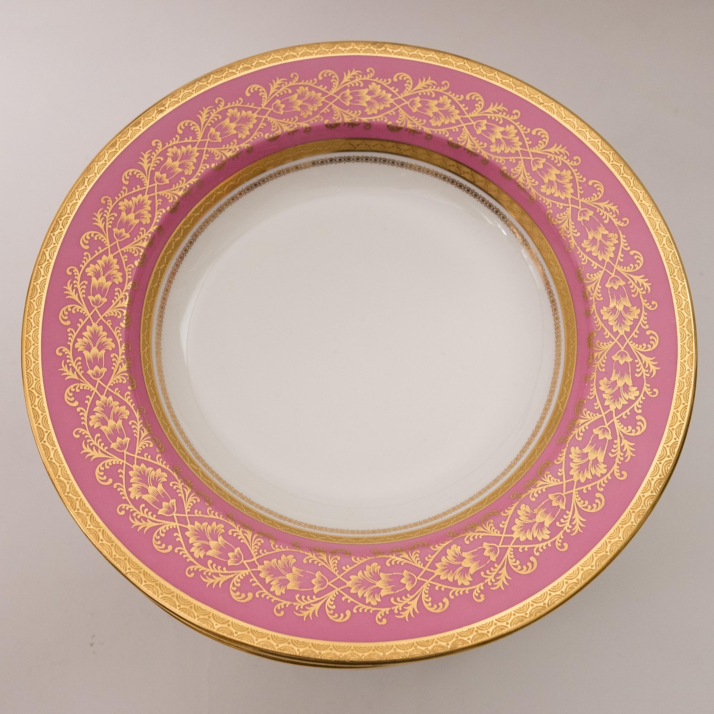 A hard to find set of pretty pink and nicely gilded rim soup bowls. Perfect to mix and match in with the other stacks we are listing this week or would go great with white and gold. Custom ordered through the fine Gilded Age retailer of William
