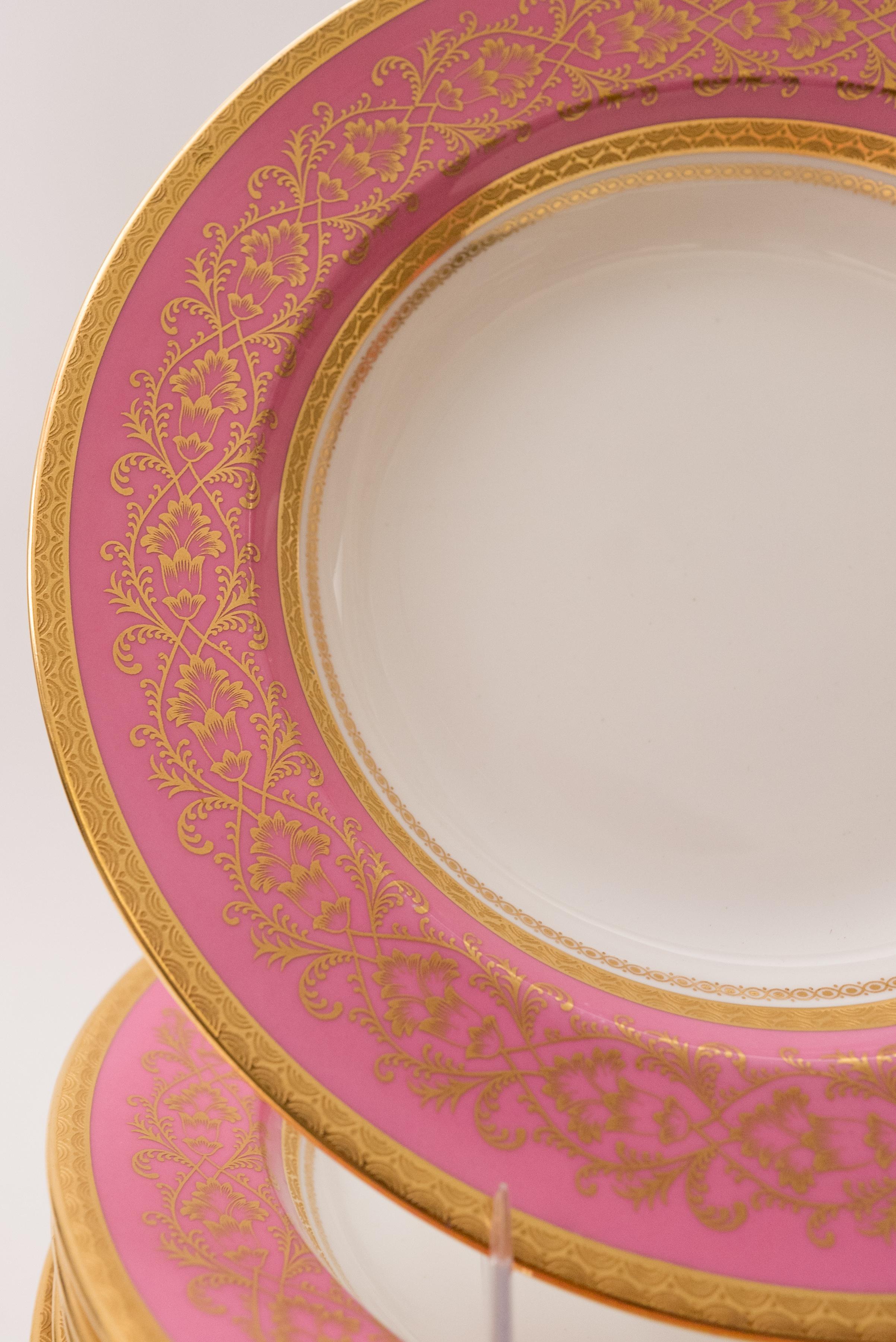 Hand-Crafted Set of 13 Pink & Gilt Rim Soup Bowls, Custom Ordered Antique English, Circa 1900