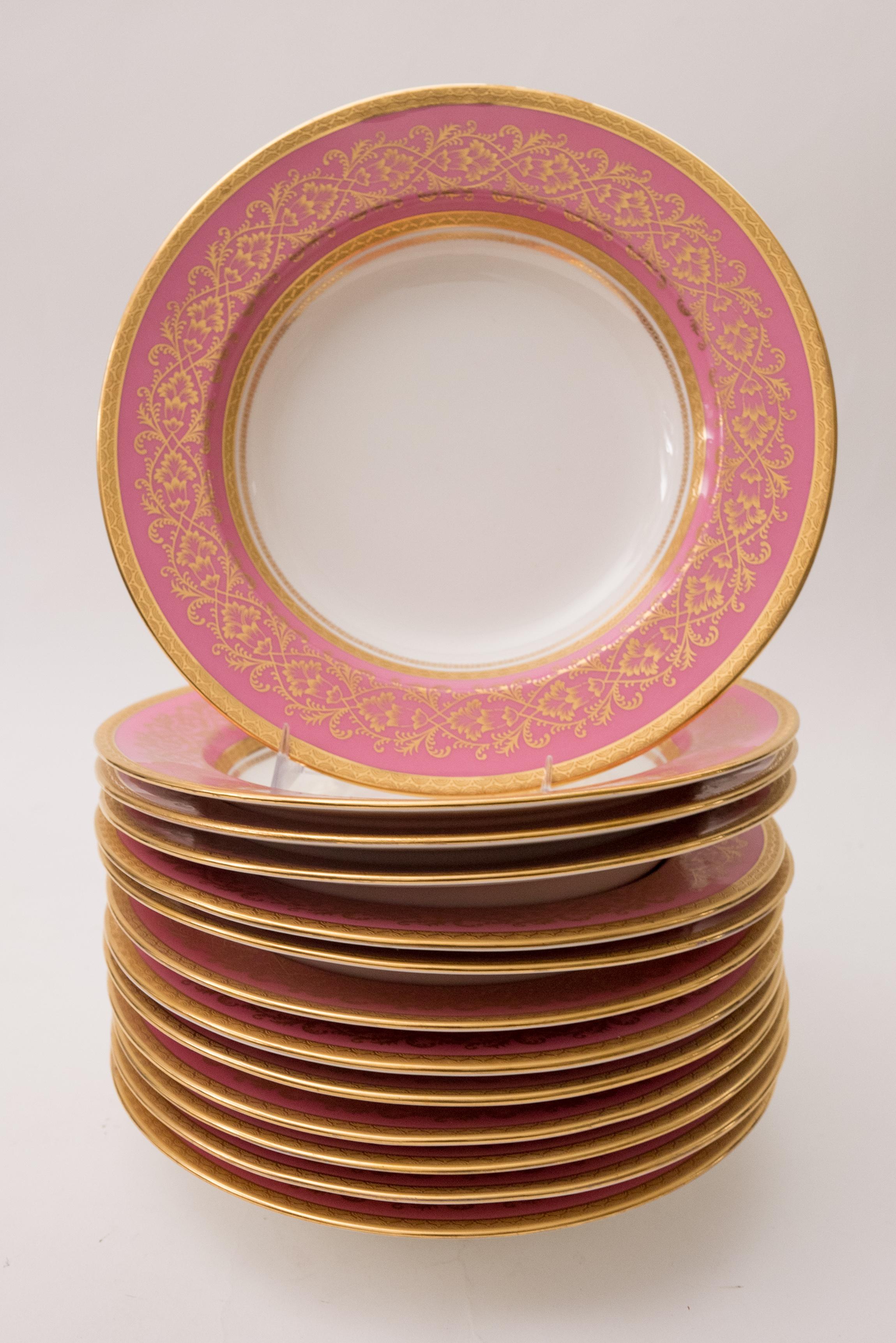 Set of 13 Pink & Gilt Rim Soup Bowls, Custom Ordered Antique English, Circa 1900 In Good Condition In West Palm Beach, FL