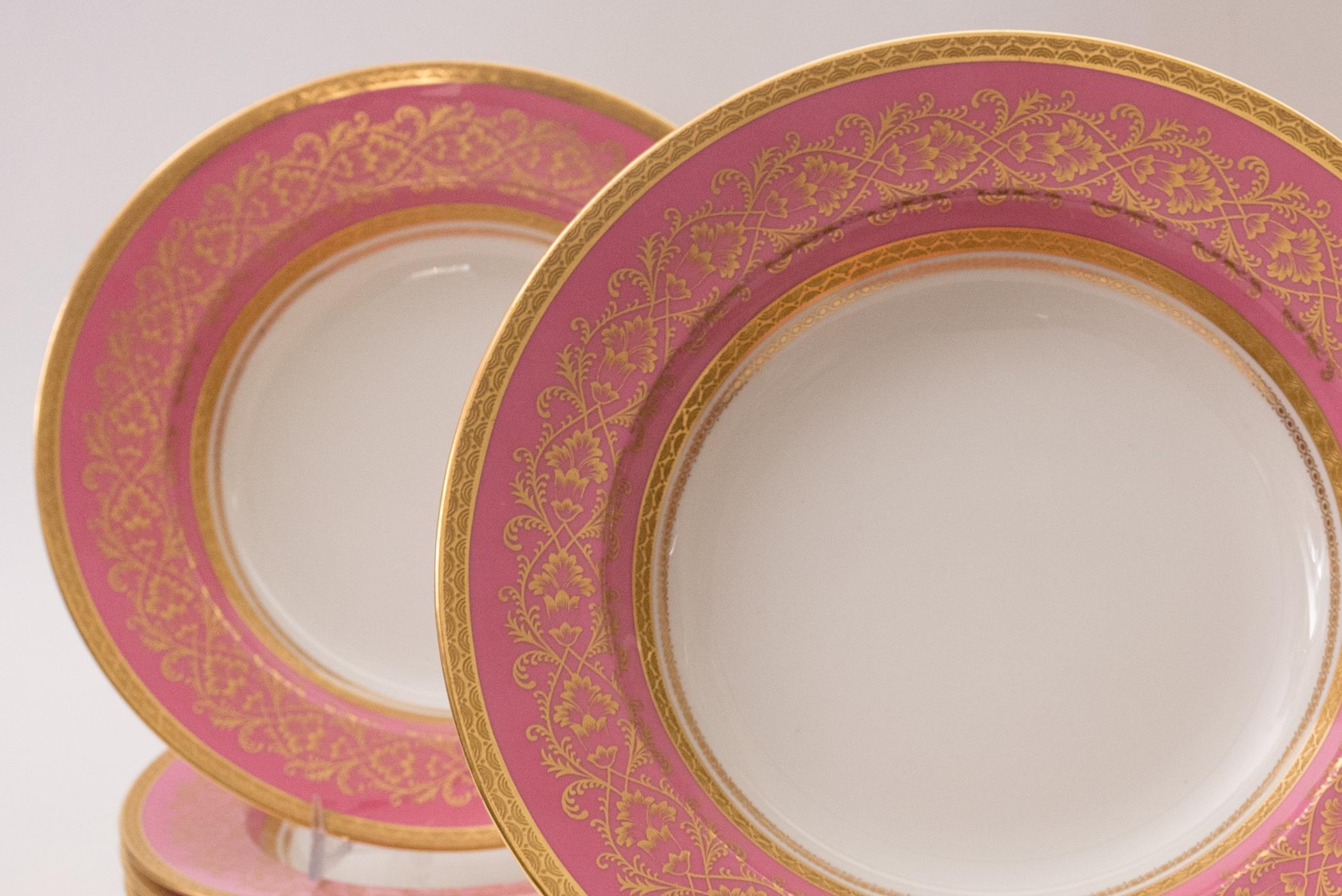 Early 20th Century Set of 13 Pink & Gilt Rim Soup Bowls, Custom Ordered Antique English, Circa 1900