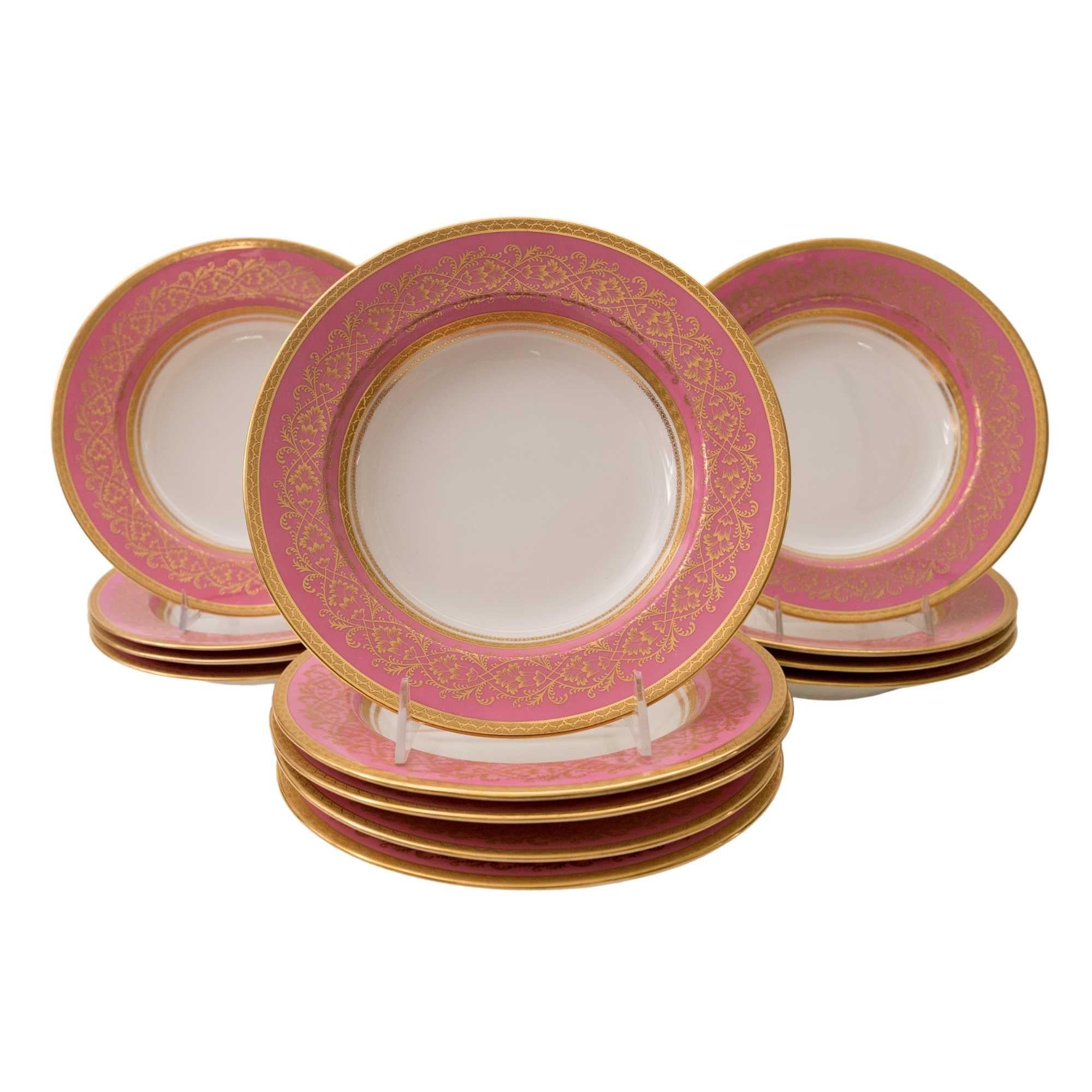 Set of 13 Pink & Gilt Rim Soup Bowls, Custom Ordered Antique English, Circa 1900 1