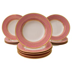 Set of 13 Pink & Gilt Rim Soup Bowls, Custom Ordered Antique English, Circa 1900