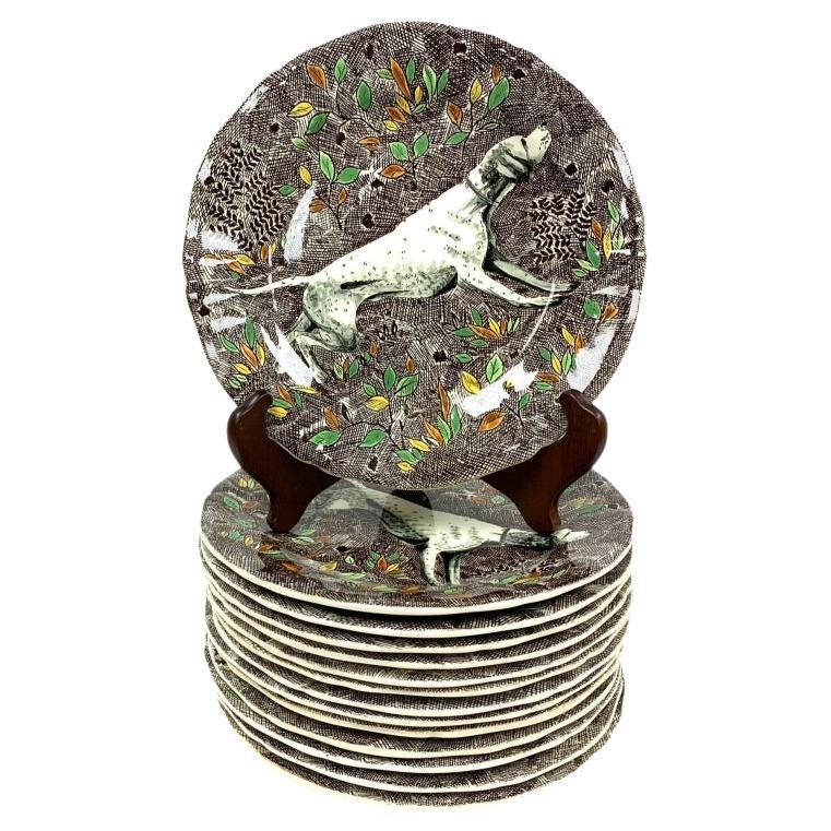Set Of 13 Rambouillet Faiencerie De Gien Dog Hunt Dessert Luncheon Plates im Angebot