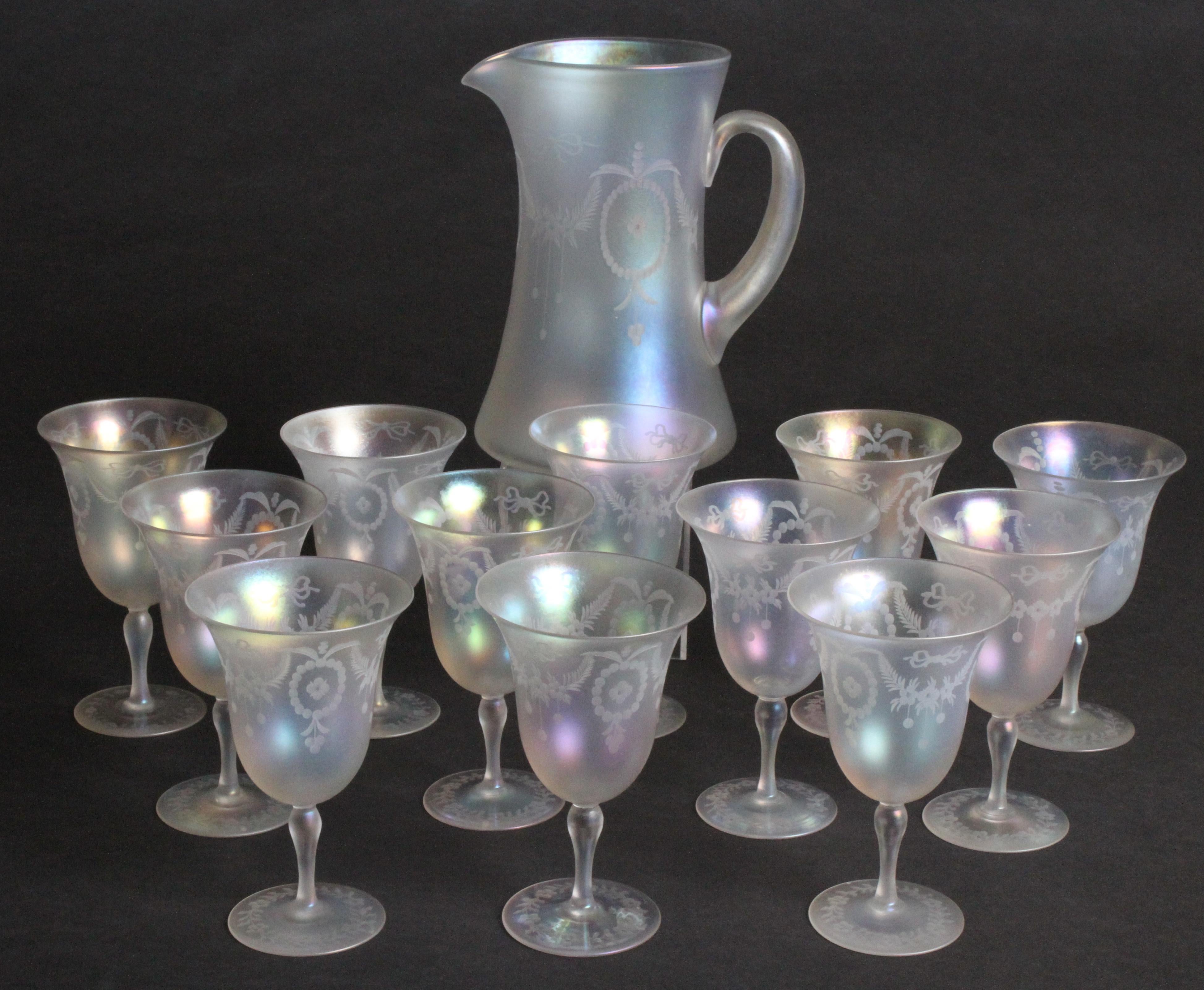 Adam Style Set of 13 Steuben Verre de Soie Water Goblets with Pitcher For Sale