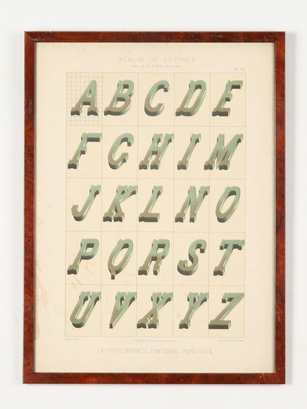 Satz von 13 Typografie-Alphabet-Lithografien von N. Glaise, herausgegeben von Thézard im Angebot 5