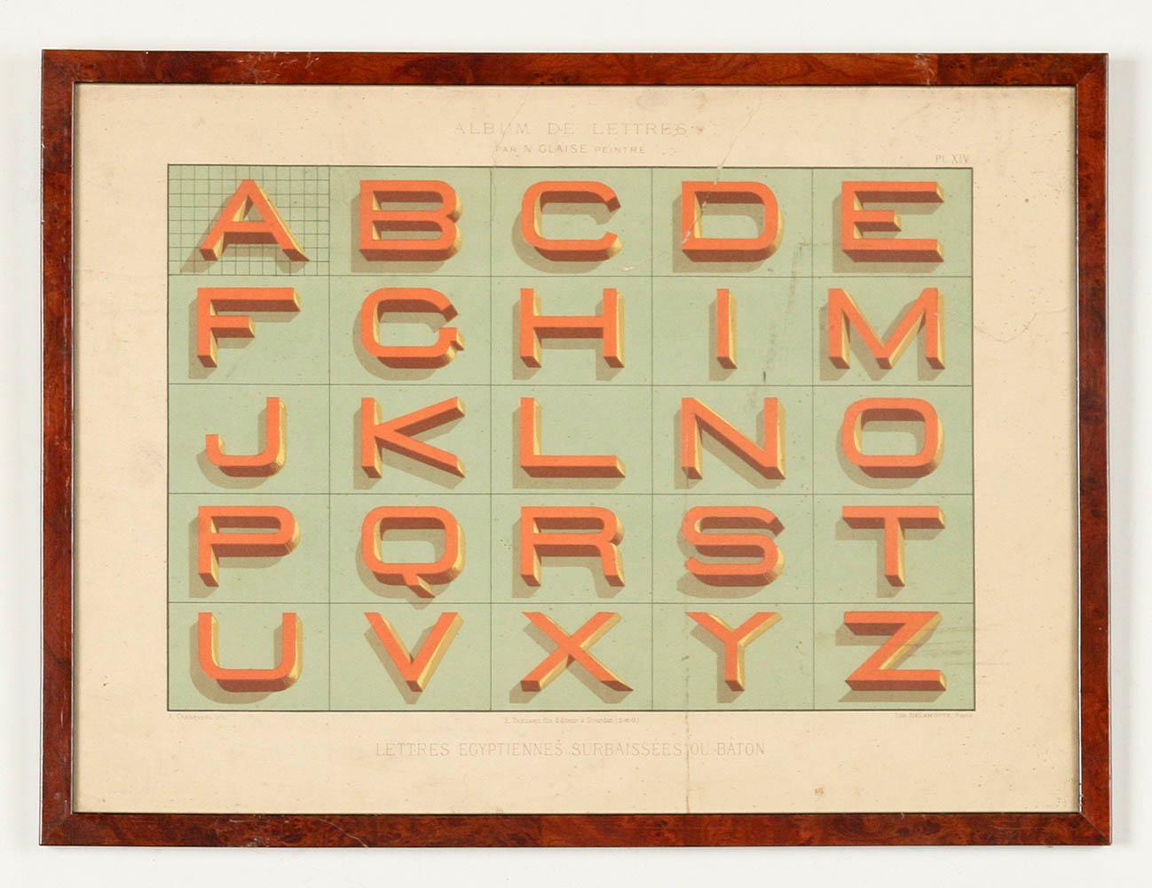 Set di 13 litografie dell'alfabeto tipografico realizzate da N. Glaise ed edite da Thézard in vendita 8
