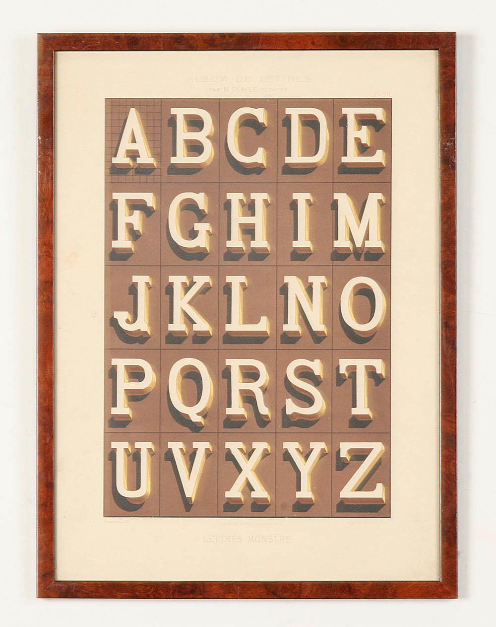 Ensemble de 13 lithographies de l'alphabet typographique réalisées par N. Glaise édité par Thézard en vente 10