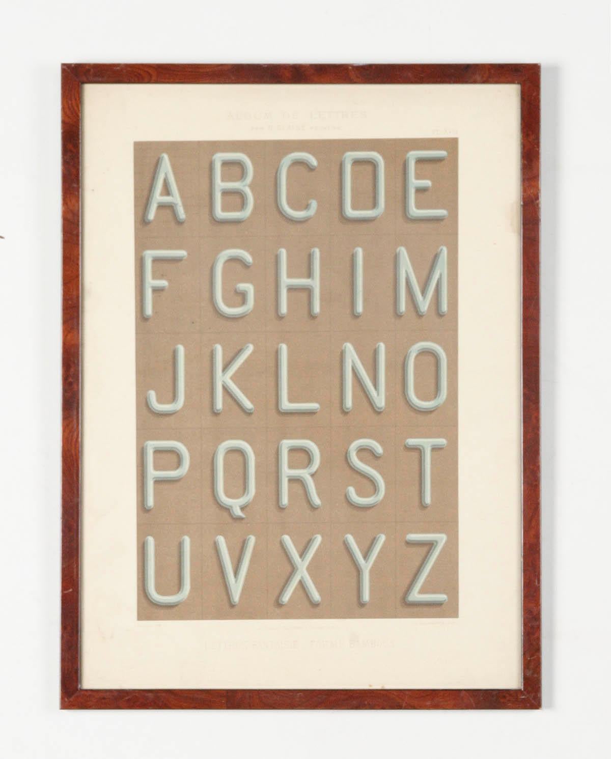 Nice set of 13 alphabet prints. These prints are part of a large collection of fonts that were used to design lettering on facades, windows and billboards.
You can also see this by the first letter, which is always placed in a grid, so that the