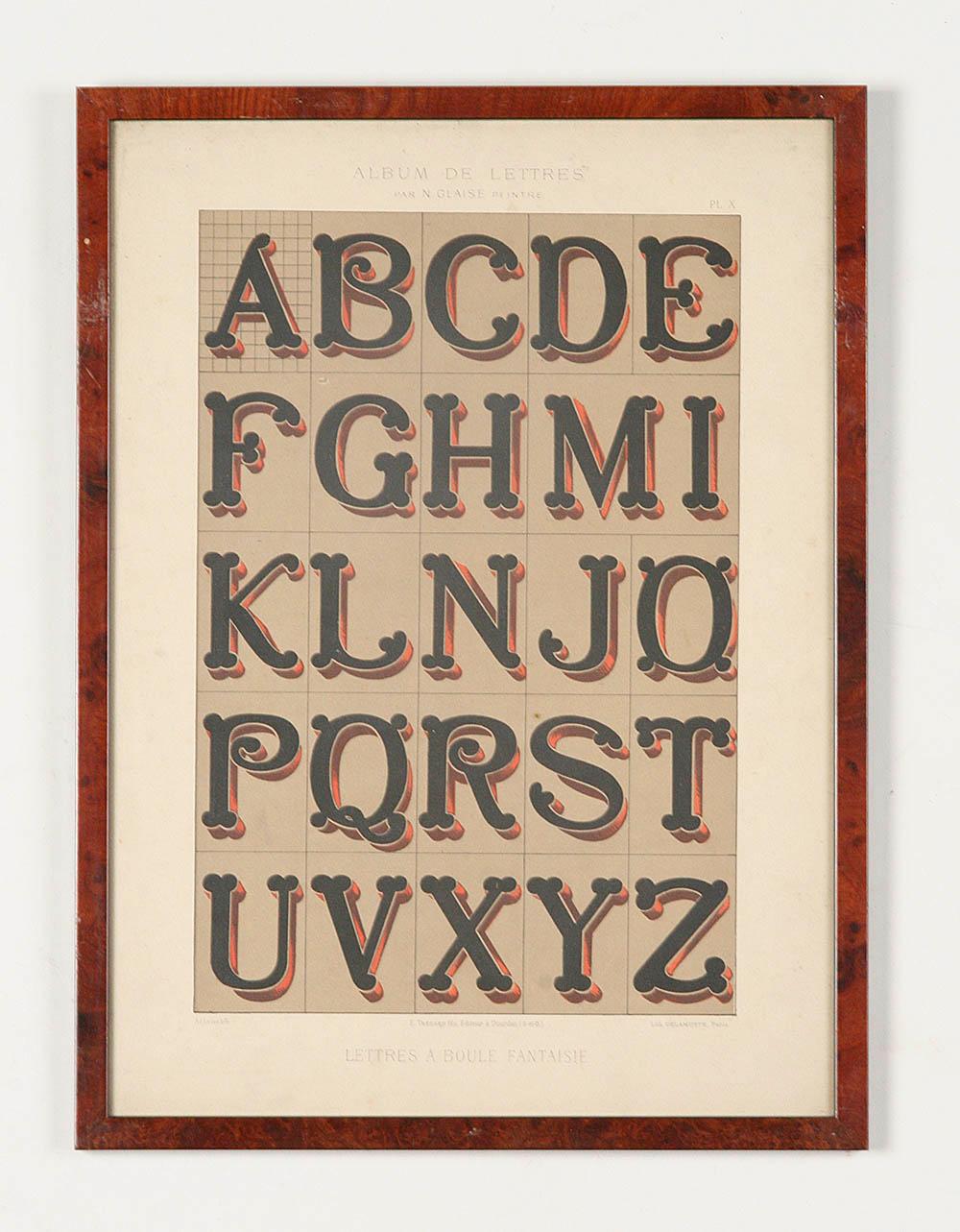 Début du 20ème siècle Ensemble de 13 lithographies de l'alphabet typographique réalisées par N. Glaise édité par Thézard en vente