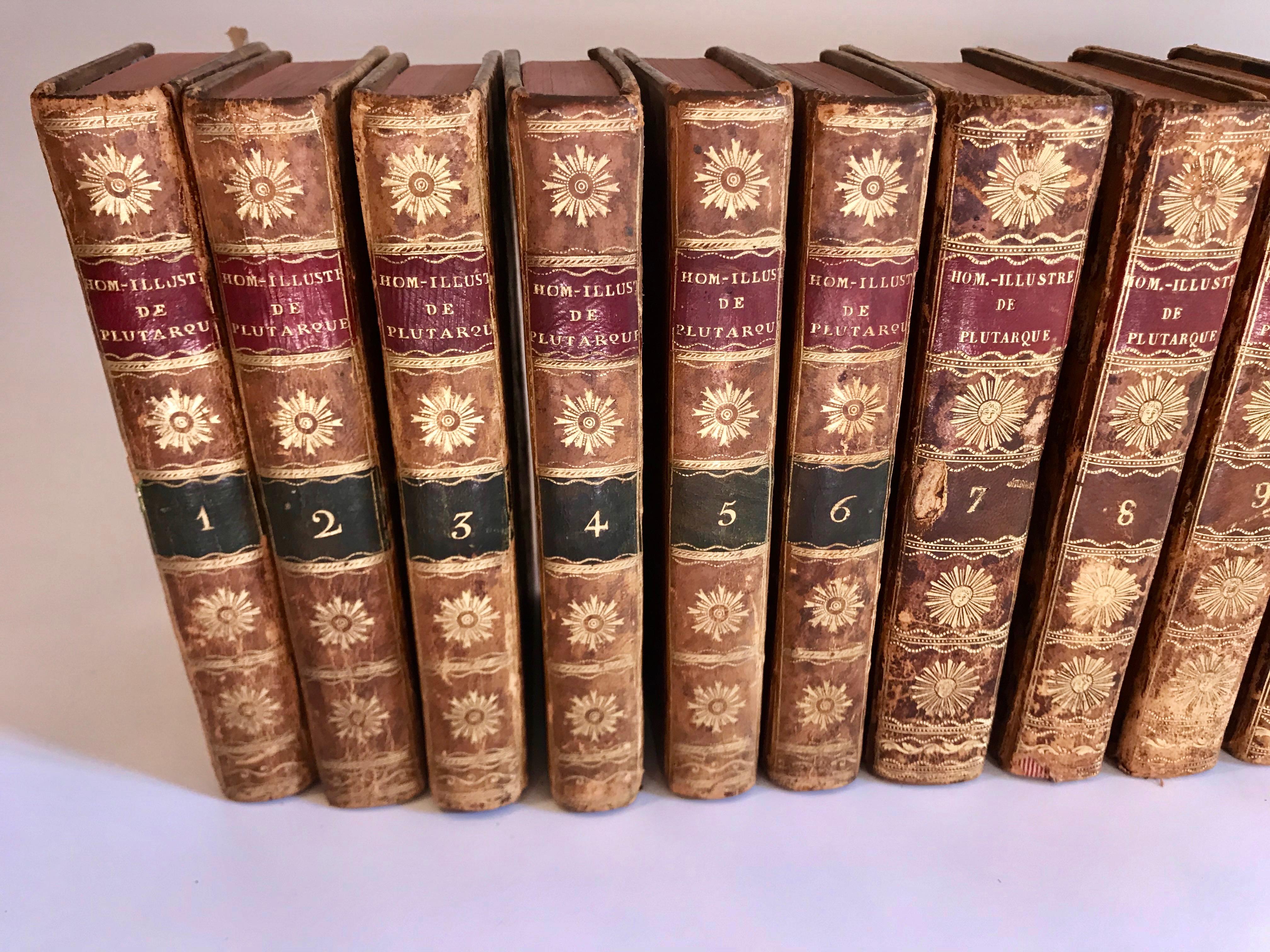 Set of antique leather books. 13 volumes of Les Vies des Hommes Illustres Par Plutarque.