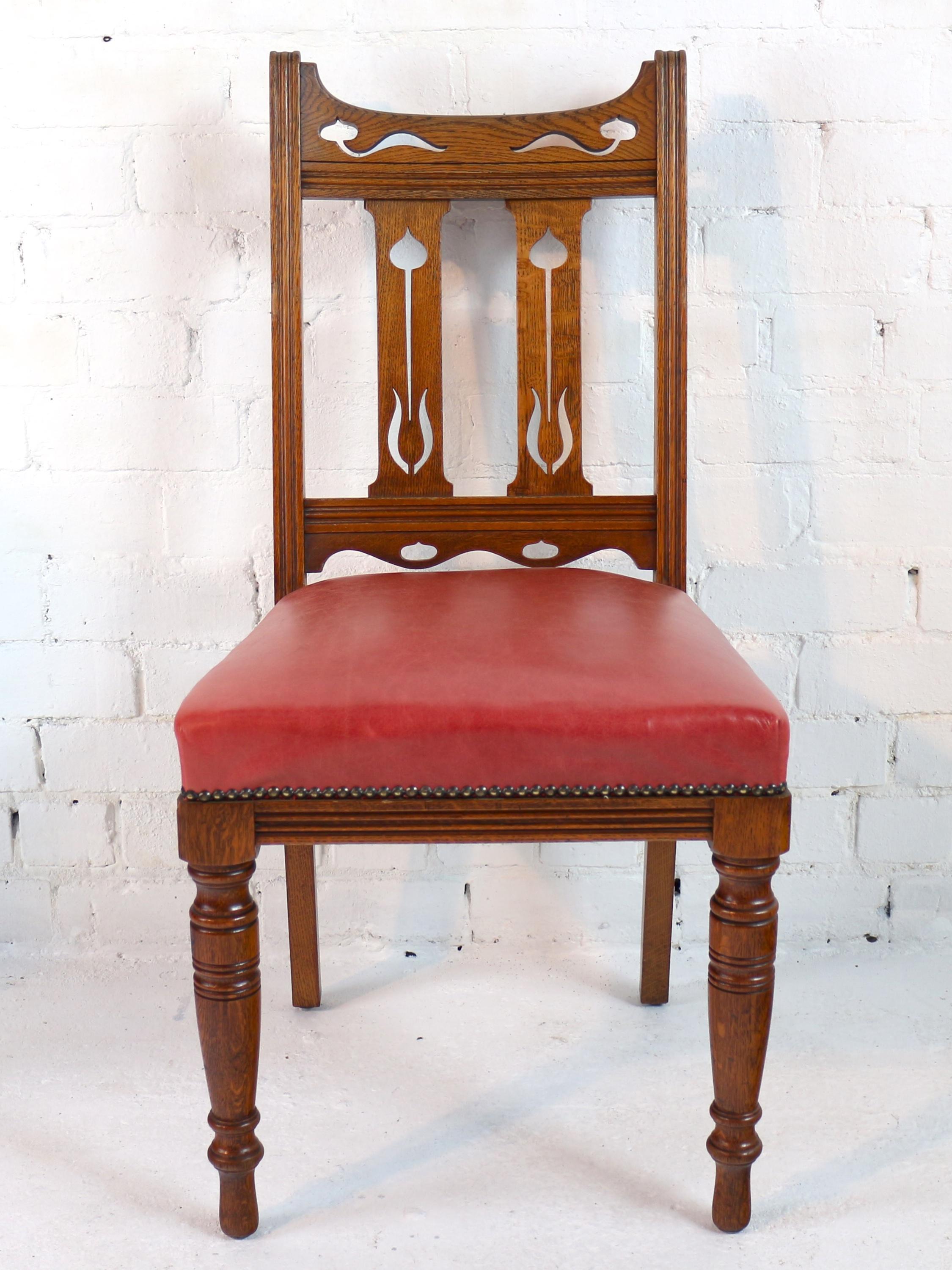 Set of 14 Antique English Victorian Arts & Crafts Oak & Leather Dining Chairs For Sale 10