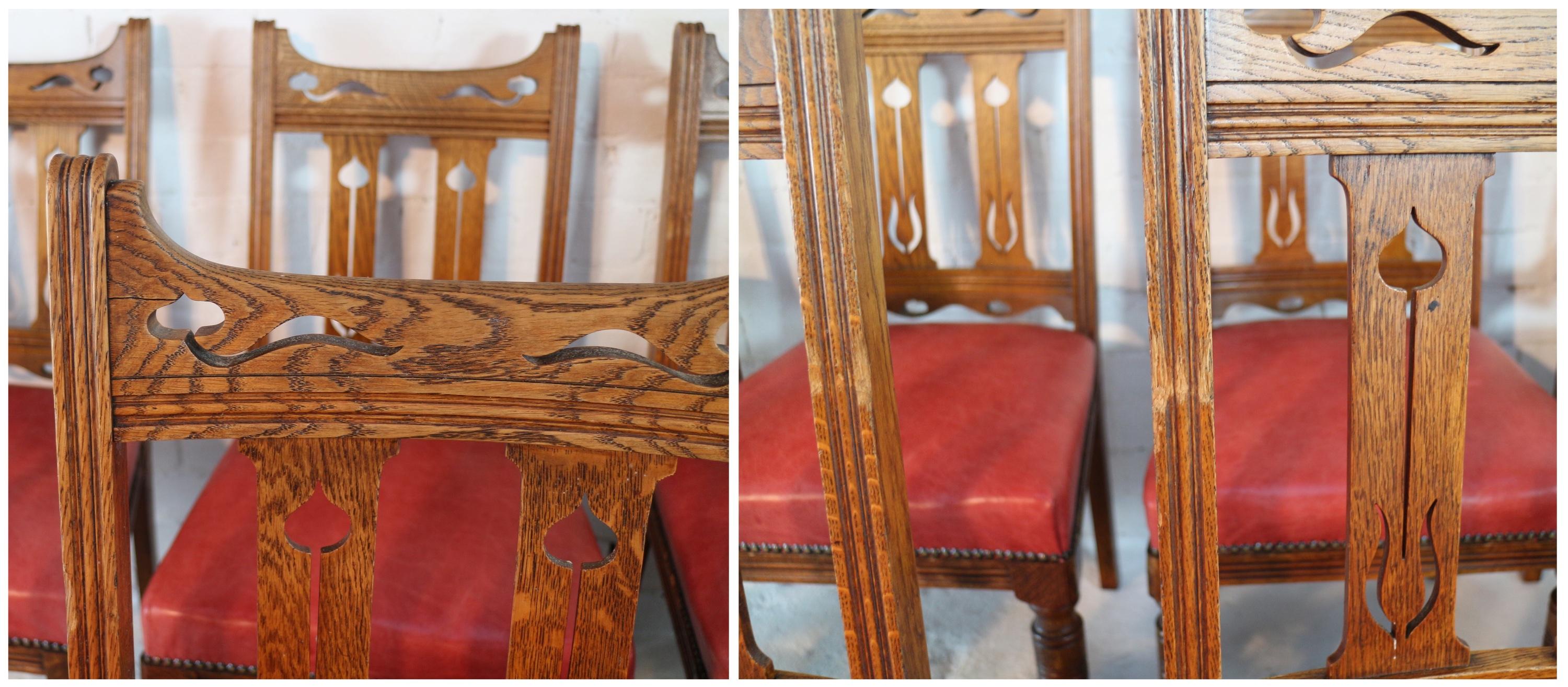 Set of 14 Antique English Victorian Arts & Crafts Oak & Leather Dining Chairs For Sale 14