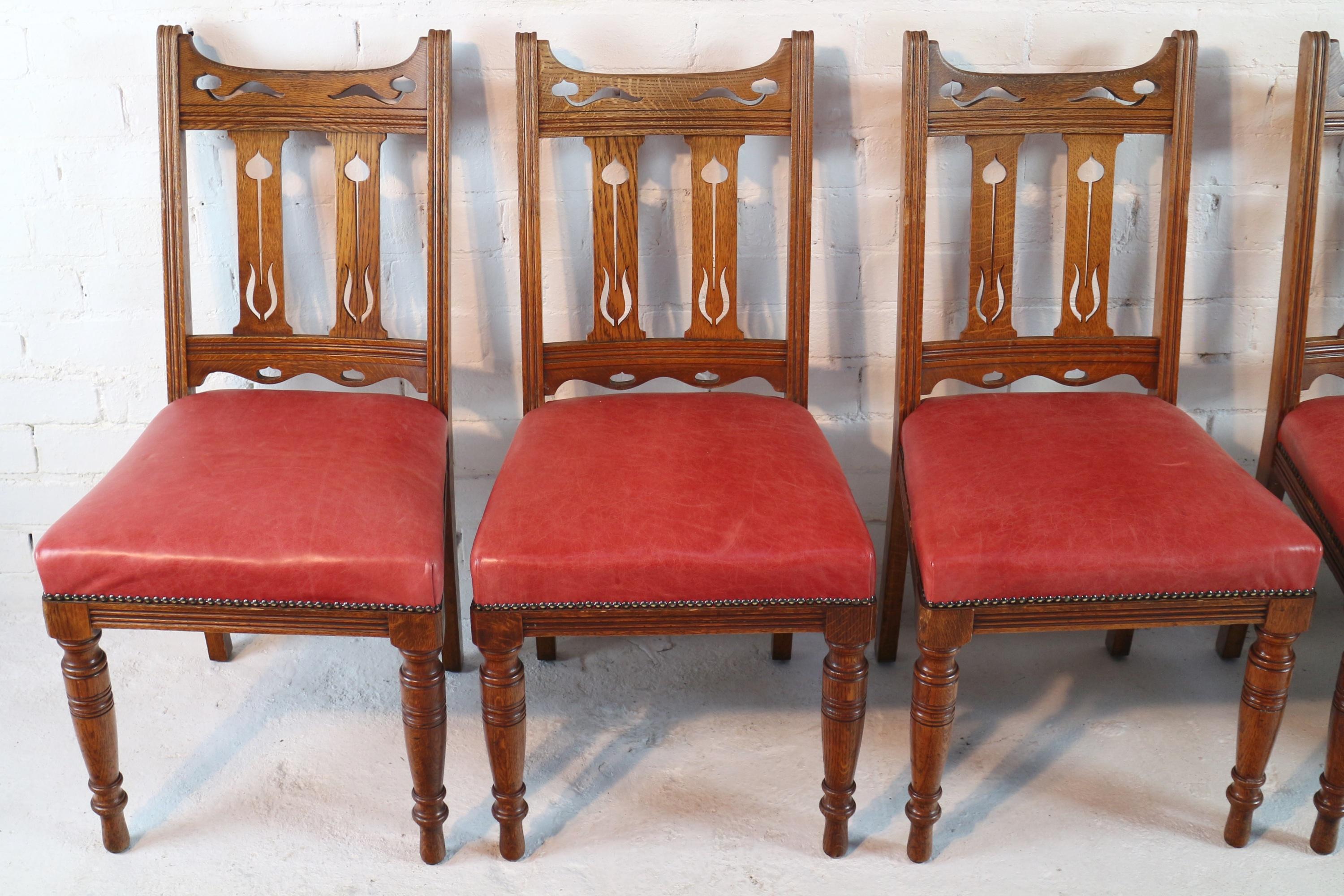 19th Century Set of 14 Antique English Victorian Arts & Crafts Oak & Leather Dining Chairs For Sale