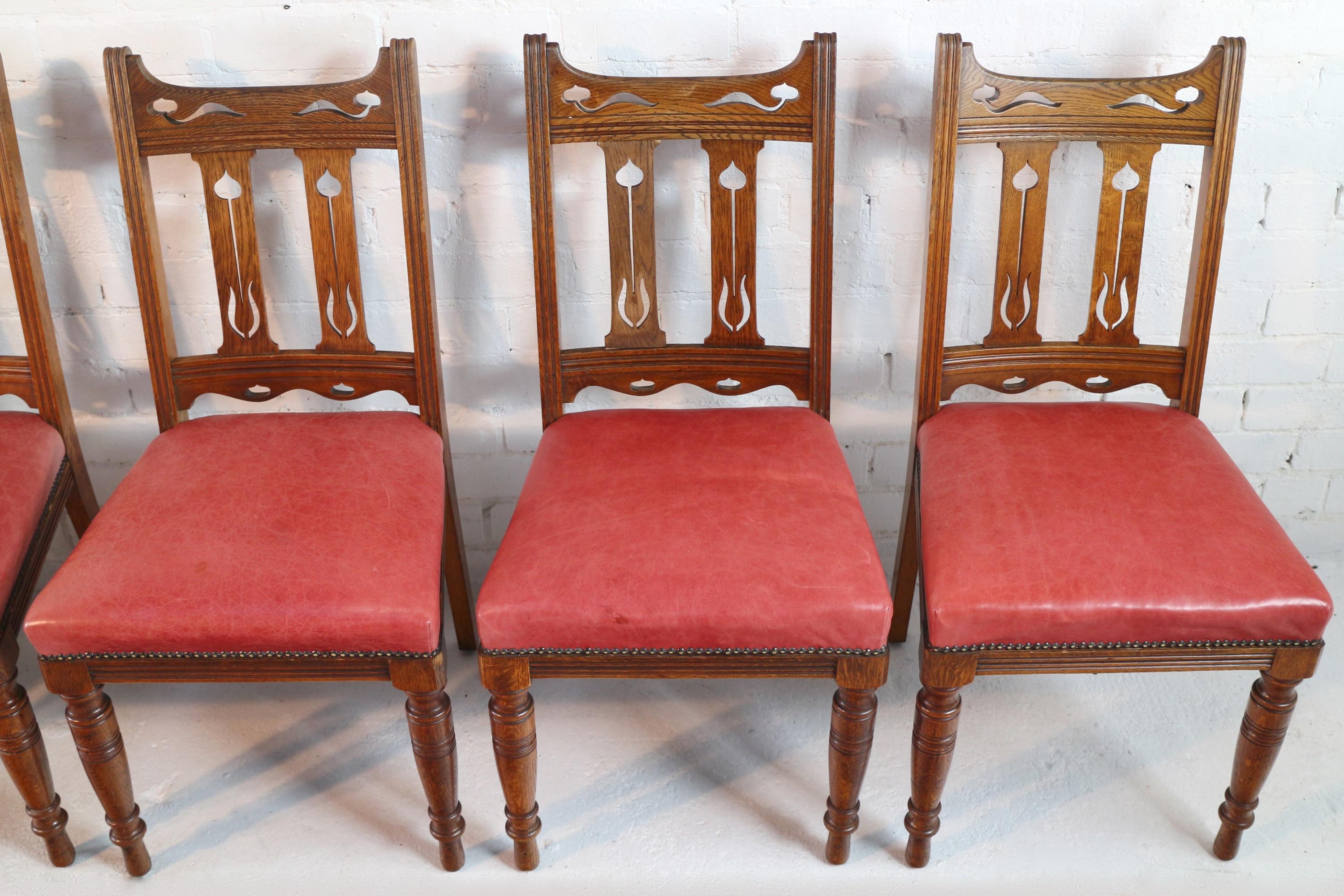 Metal Set of 14 Antique English Victorian Arts & Crafts Oak & Leather Dining Chairs For Sale