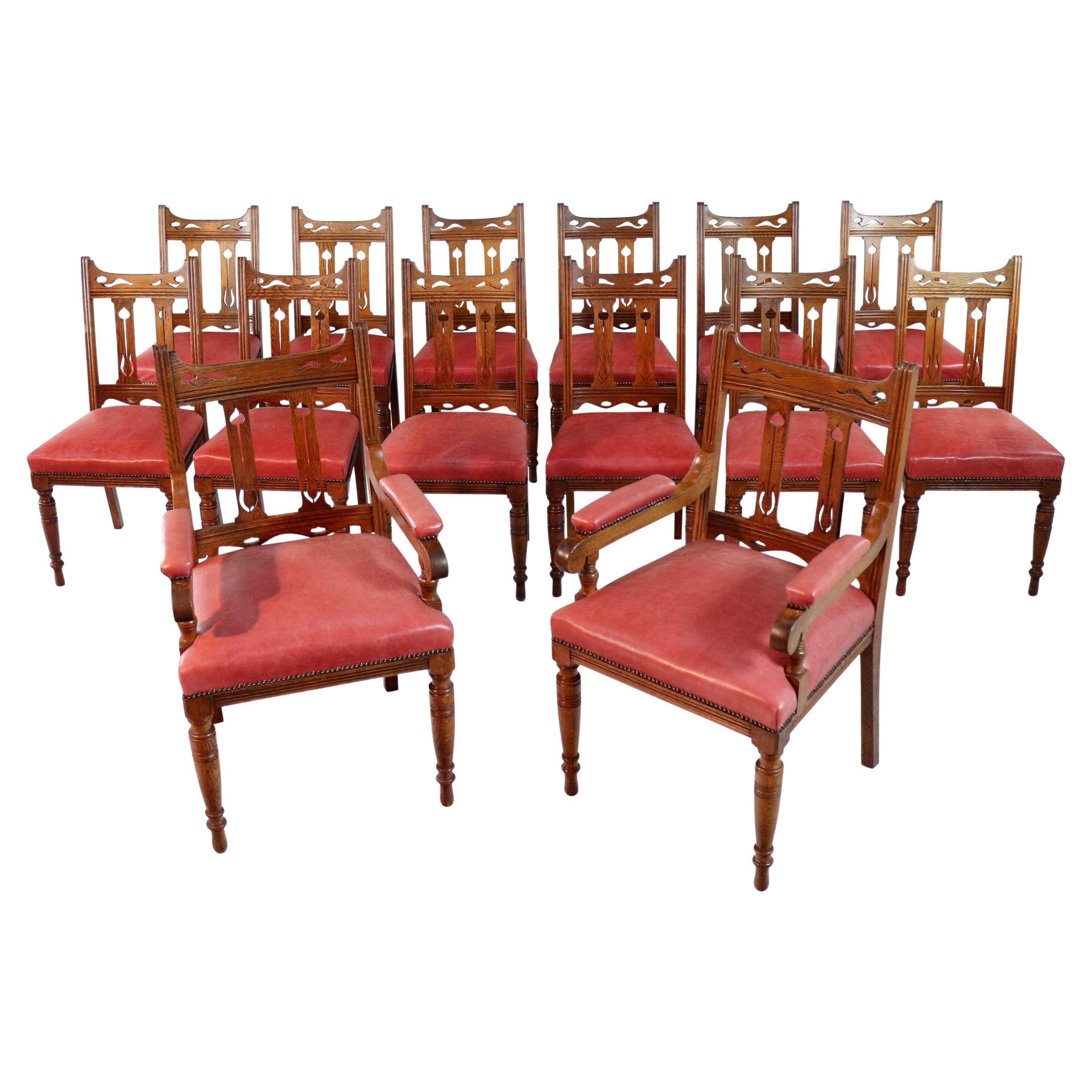 Set of 14 Antique English Victorian Arts & Crafts Oak & Leather Dining Chairs For Sale