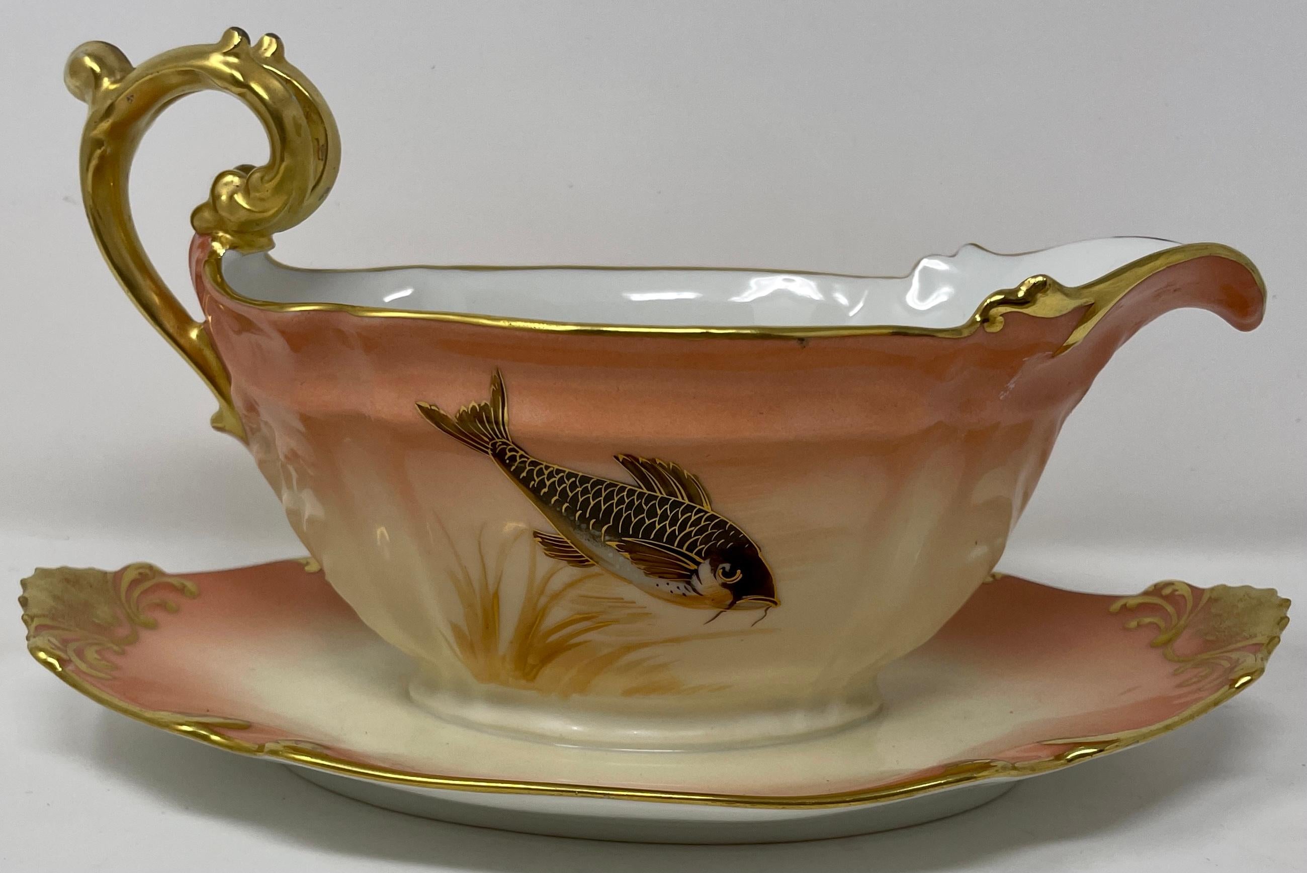 Set of 14 Antique French Hand-Painted Limoges Porcelain Fish Service, Circa 1890 For Sale 1