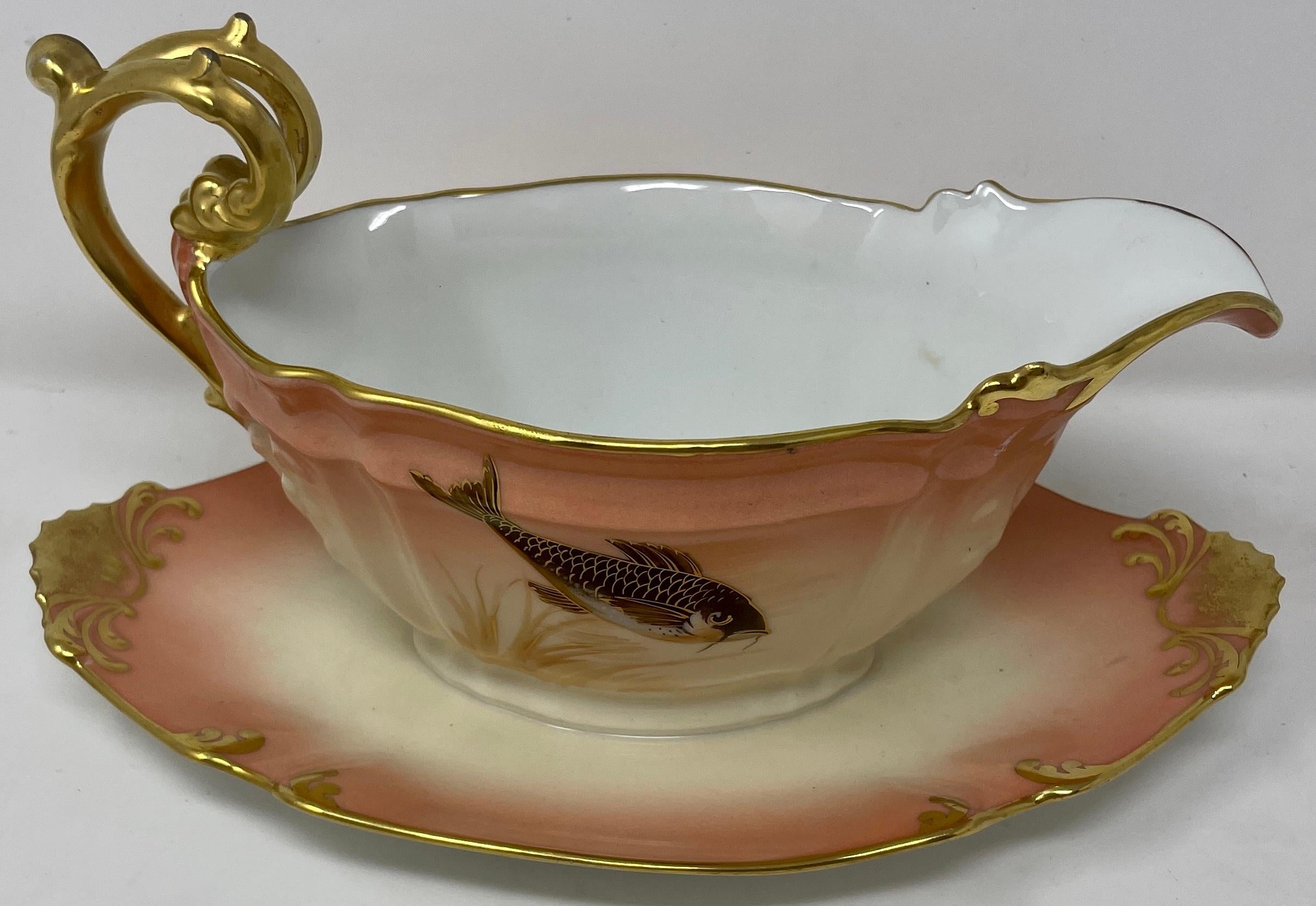 Set of 14 Antique French Hand-Painted Limoges Porcelain Fish Service, Circa 1890 For Sale 2