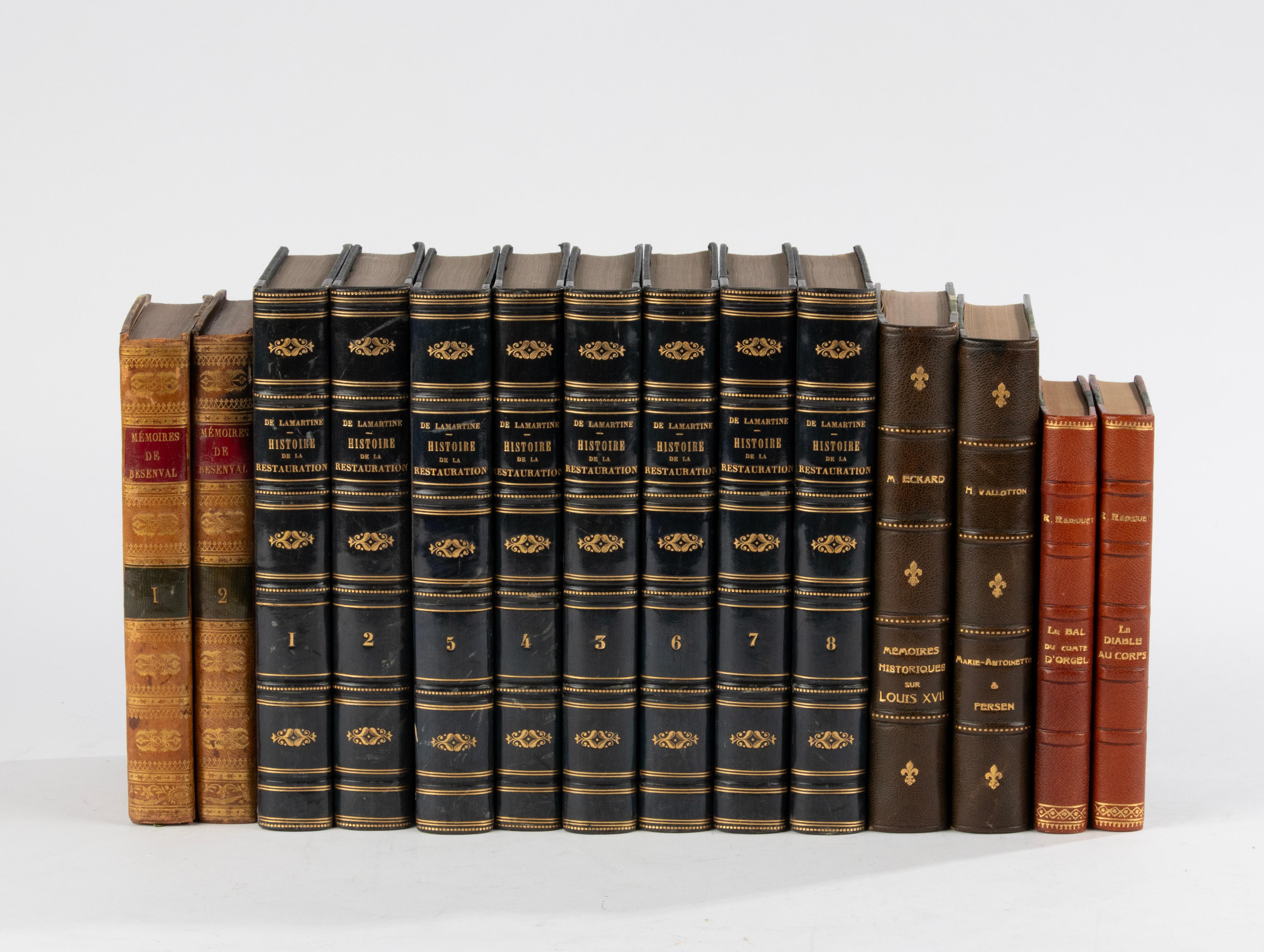 A set of 14 antique French books These books can beautifully decorate your bookcase or office. The leather spines with gold print are in good condition. Inside is also in good condition, no water damage. More sets of books are available in our