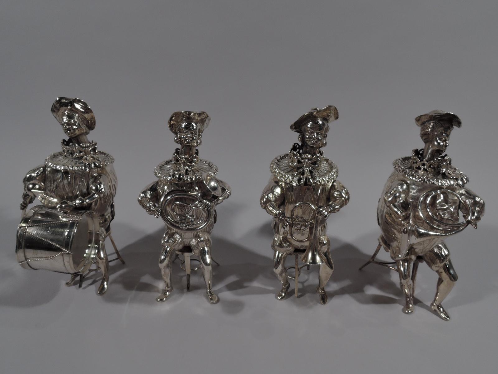 Set of 14 turn-of-the-century German sterling silver bobble-head musicians. A cymbal clanging, drum-beating, Horn-heavy band with a lone flautist and couple cellists thrown in. A raucous bunch. Rotund bodies squeezed into olden-days doublet-hose