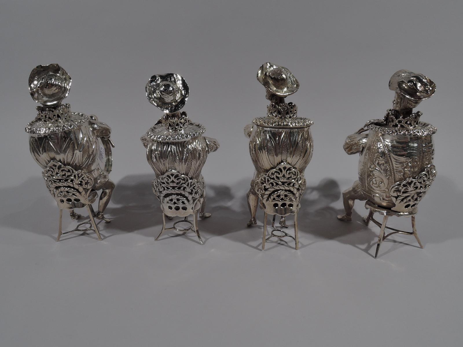 Edwardian Set of 14 Antique German Sterling Silver Bobble-Head Musician Boxes