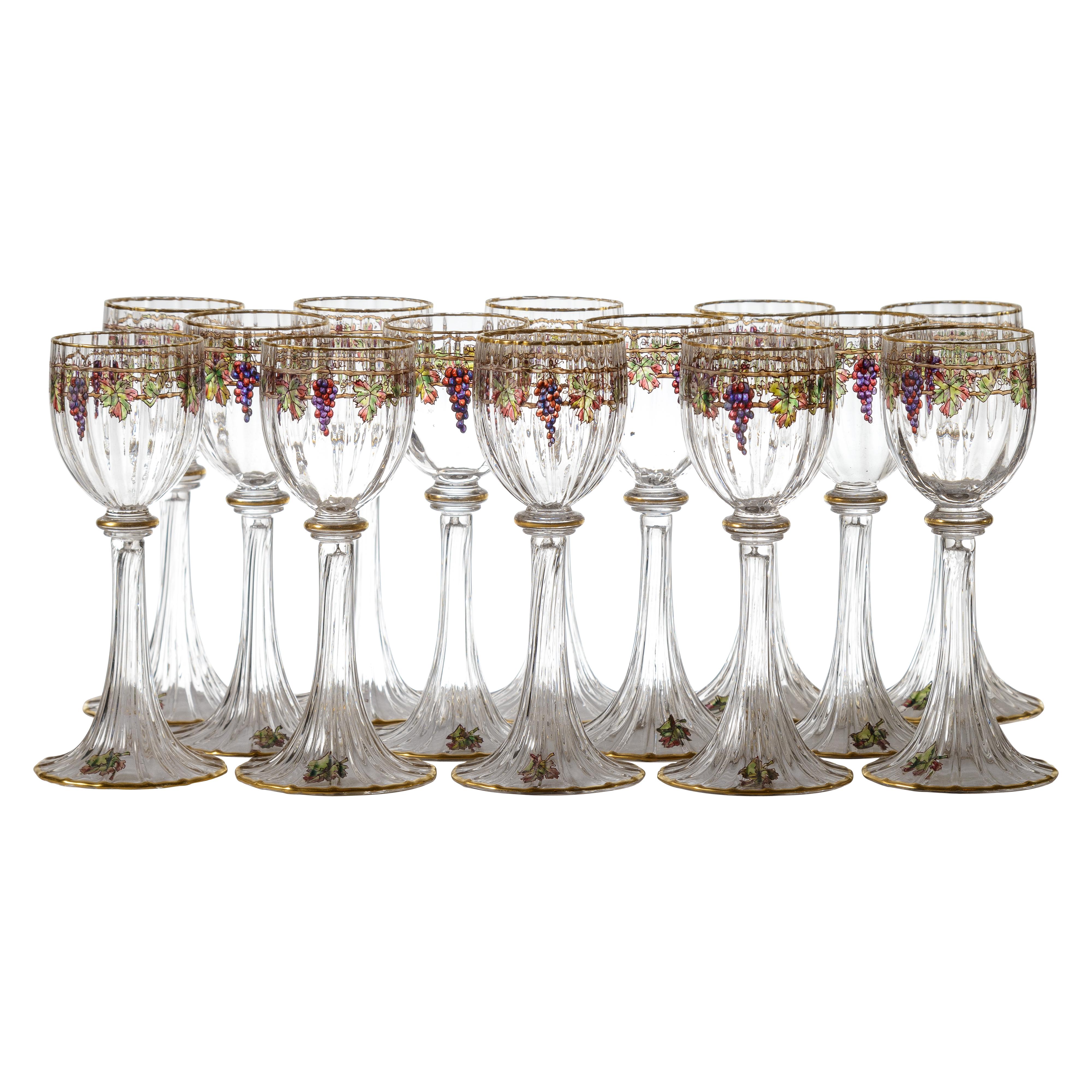 Gold Set of 14 Antique Grape & Vine Gilded Wine Goblets, 19th Century, circa 1880s