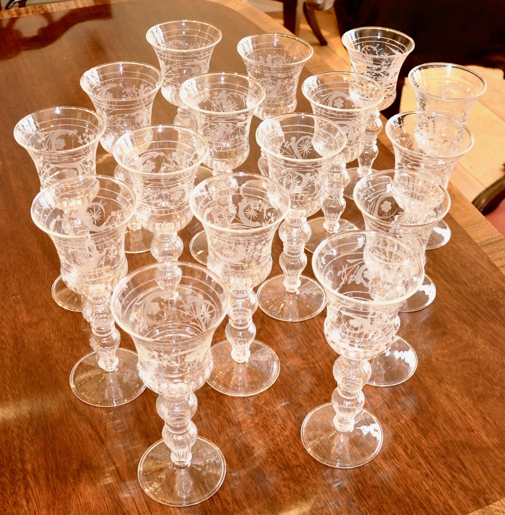 Baroque Set of 14 Blown and Etched Venetian Glass Wine Goblets