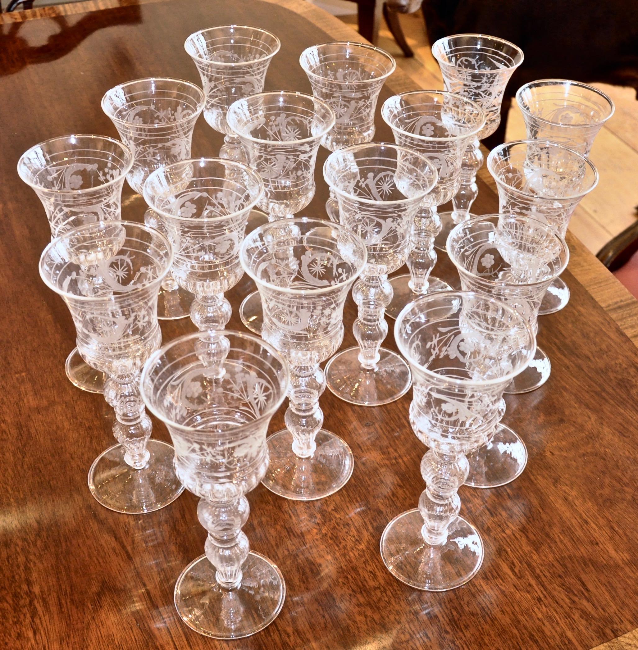 Italian Set of 14 Blown and Etched Venetian Glass Wine Goblets
