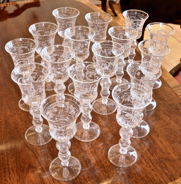 Set of 14 Blown and Etched Glass Wine Goblets at 1stDibs