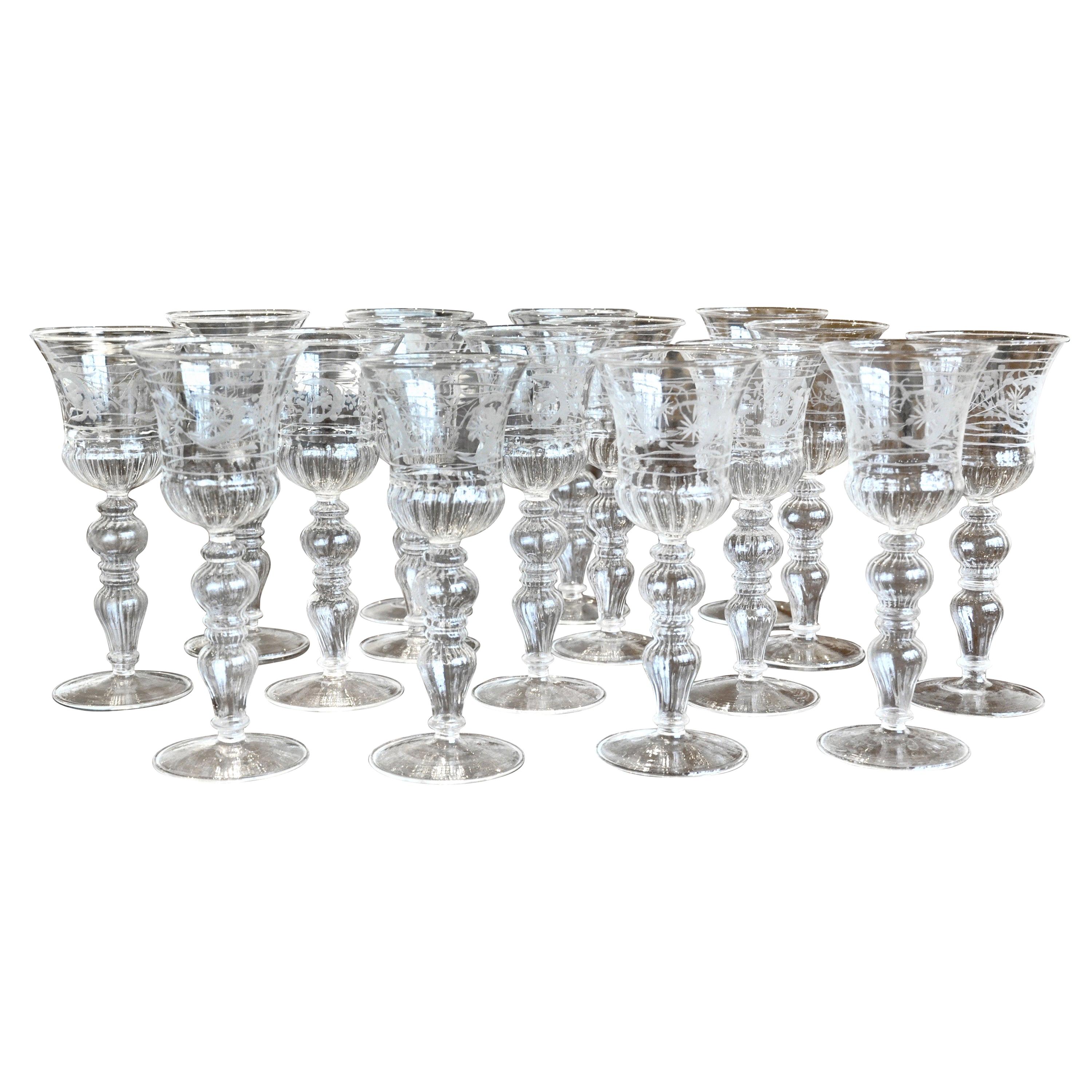 Set of 14 Blown and Etched Venetian Glass Wine Goblets