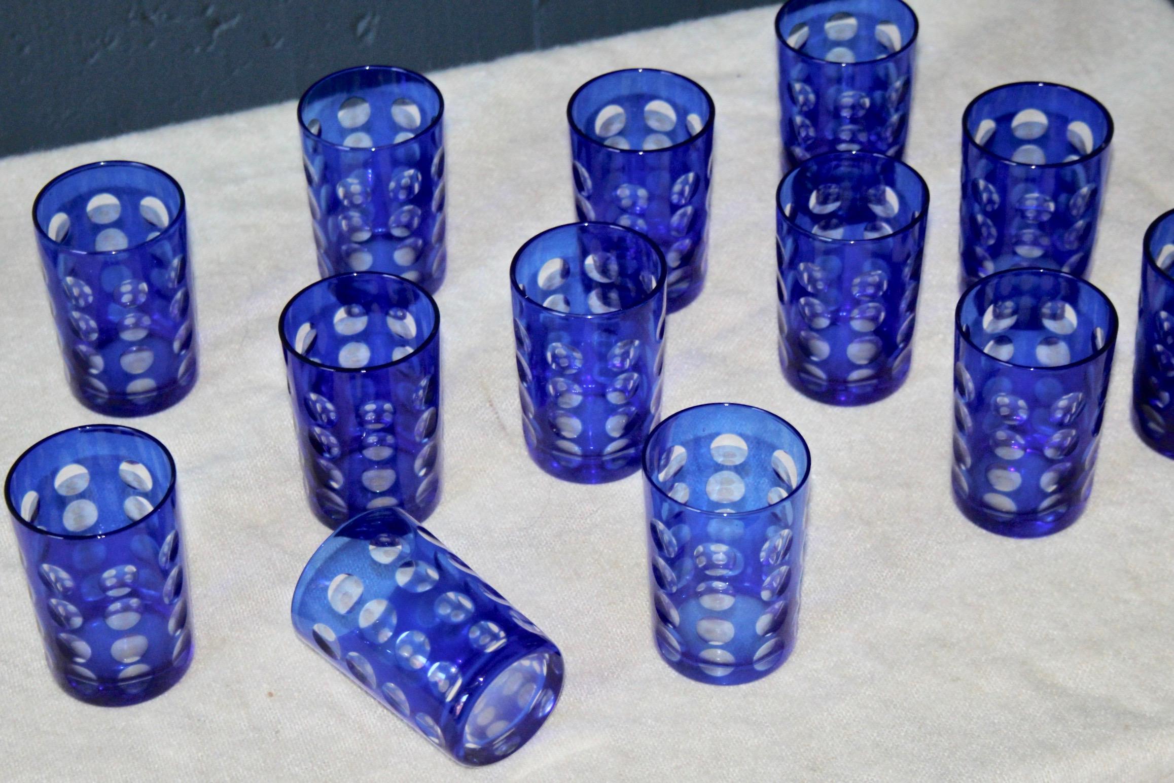 European Set of 14 Blue Glass
