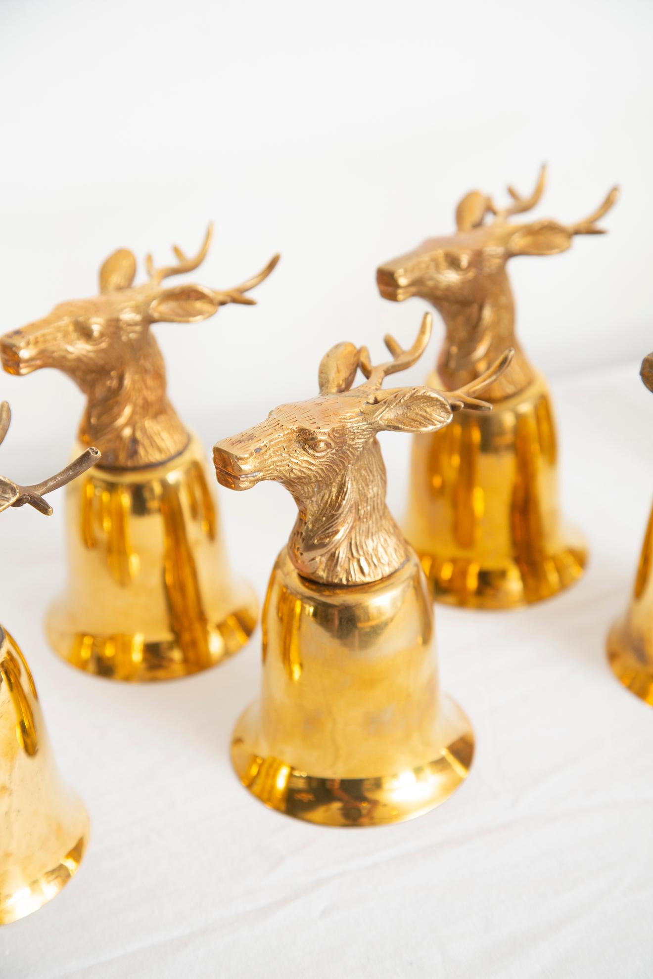 Mid-Century Modern Set of 14 Brass Stirrup Cups Goblets with Animal Heads, Stags For Sale