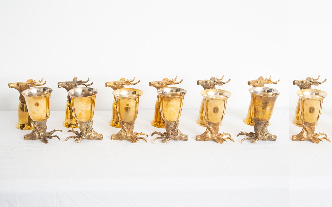 Unknown Set of 14 Brass Stirrup Cups Goblets with Animal Heads, Stags For Sale