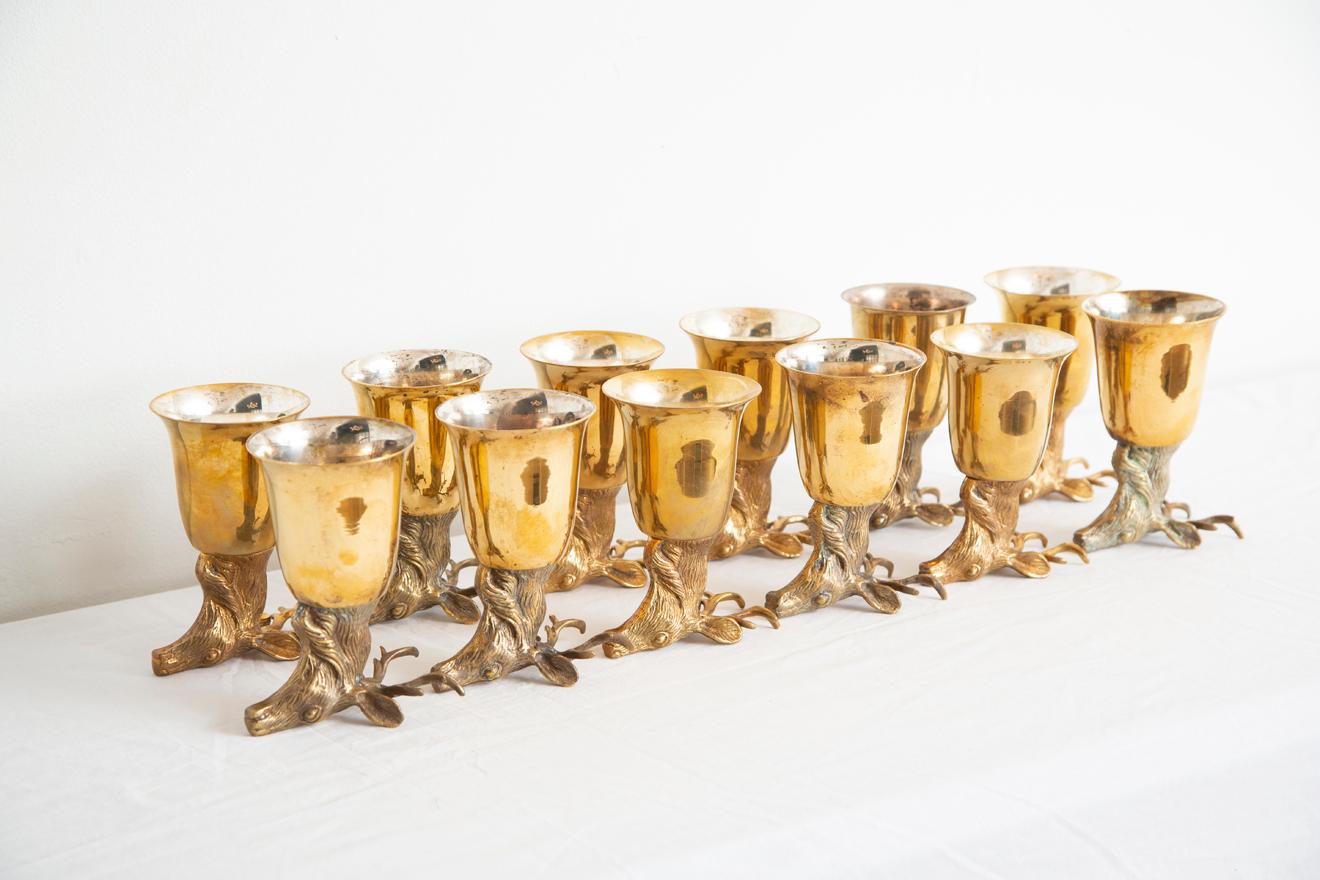 Set of 14 Brass Stirrup Cups Goblets with Animal Heads, Stags In Good Condition For Sale In Miami, FL