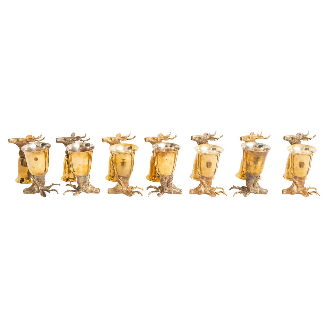 Set of 14 Brass Stirrup Cups Goblets with Animal Heads, Stags