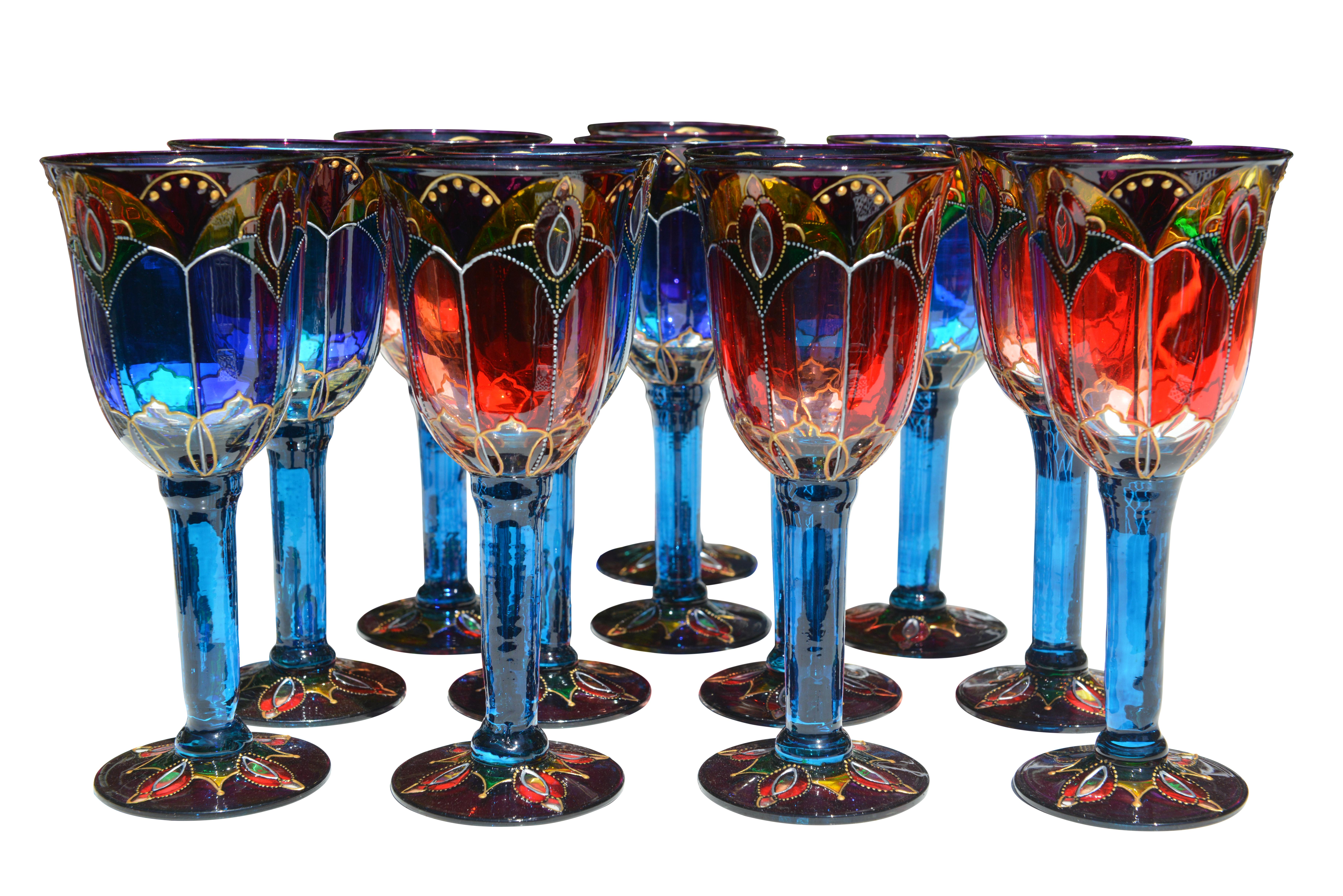 Spanish Set of 14 Coloured Glasses Made in Ibiza, circa 2000 For Sale