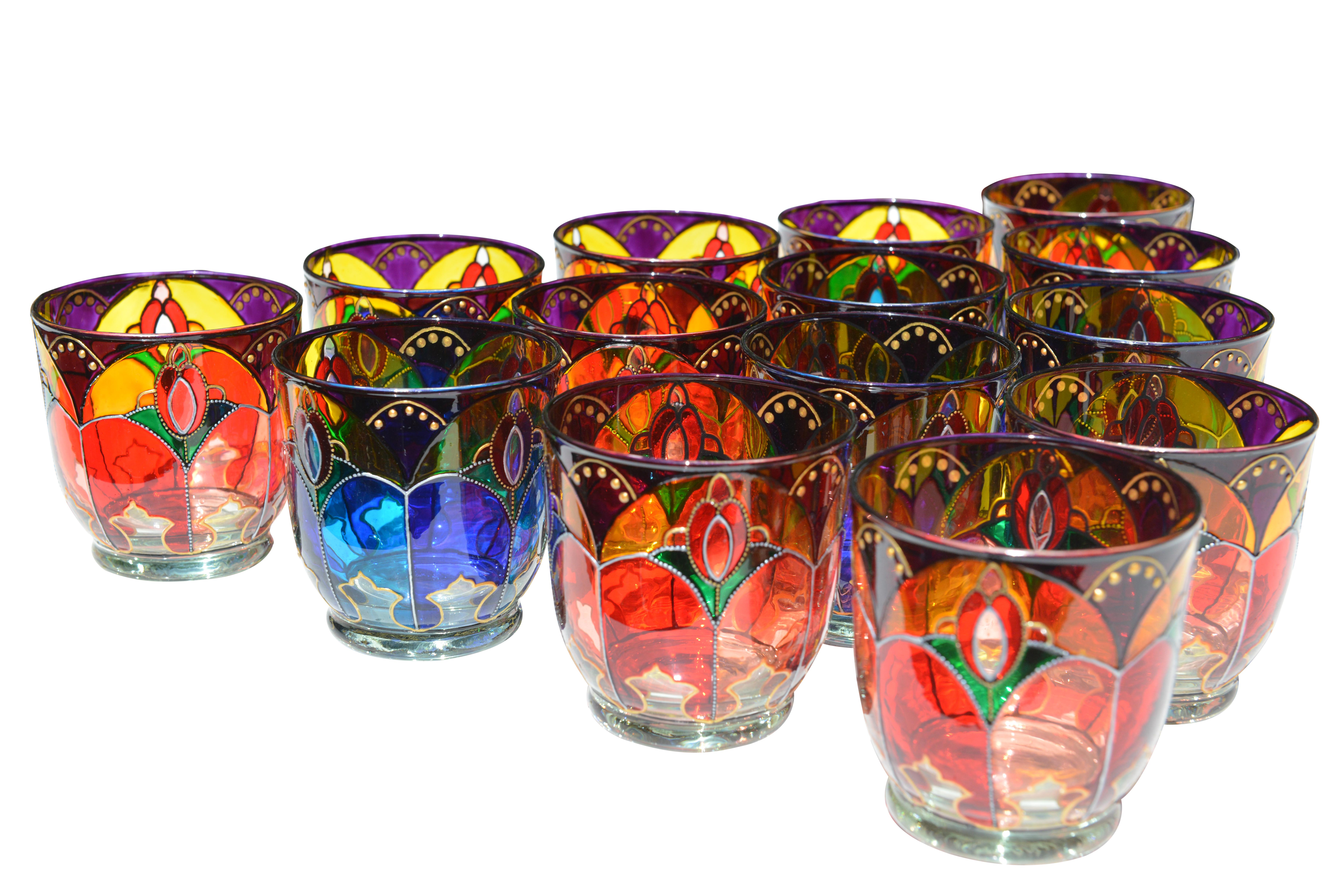 Hand-Painted Set of 14 Colored Glasses Made in Ibiza, circa 2000 For Sale