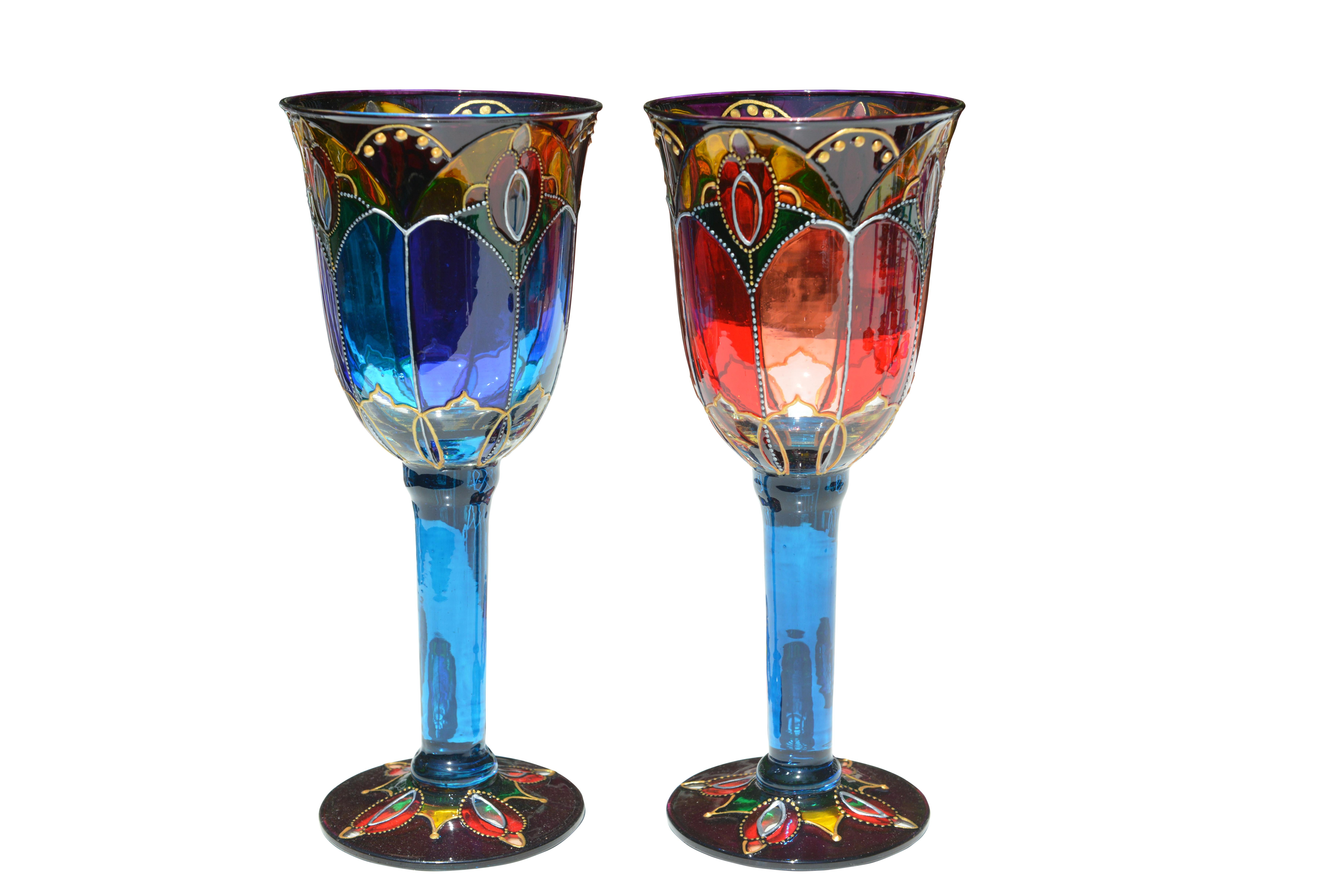 Hand-Painted Set of 14 Coloured Glasses Made in Ibiza, circa 2000 For Sale