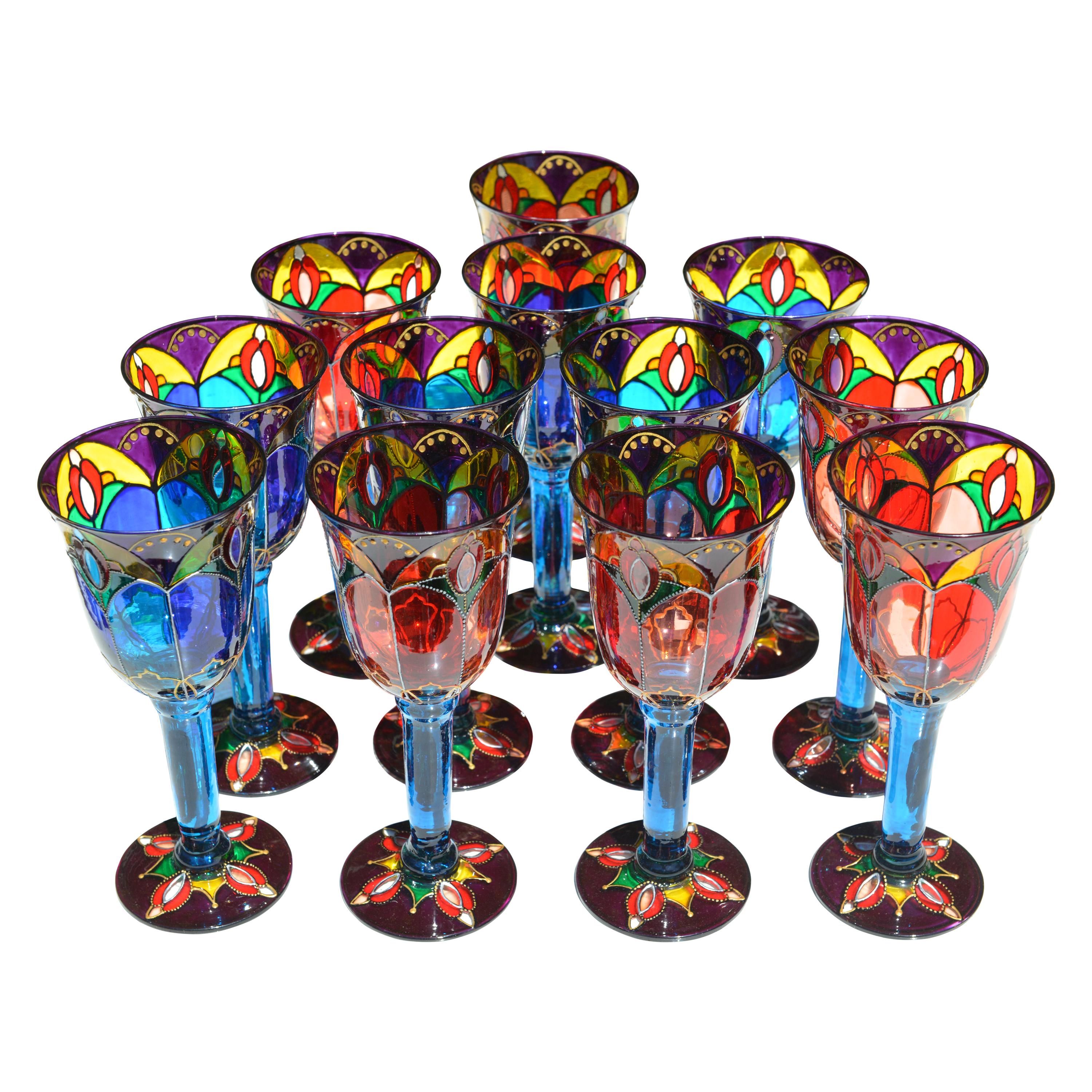 Set of 14 Coloured Glasses Made in Ibiza, circa 2000 For Sale