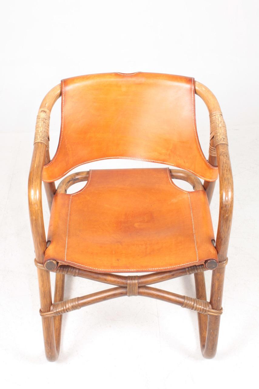 Set of 14 Danish Midcentury Side Chairs in Bamboo and Patinated Leather, 1960s 5