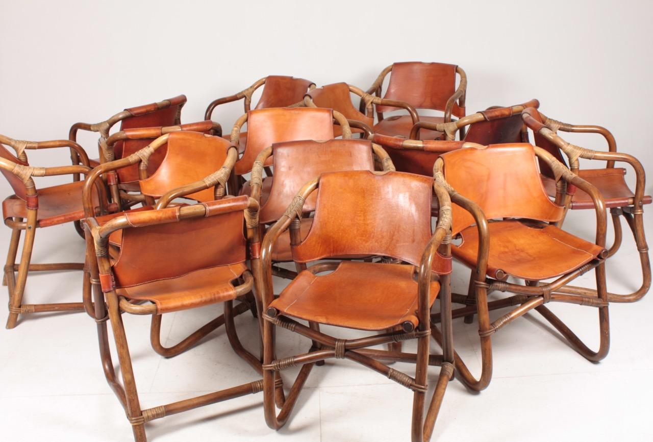 Set of 14 Danish Midcentury Side Chairs in Bamboo and Patinated Leather, 1960s 6