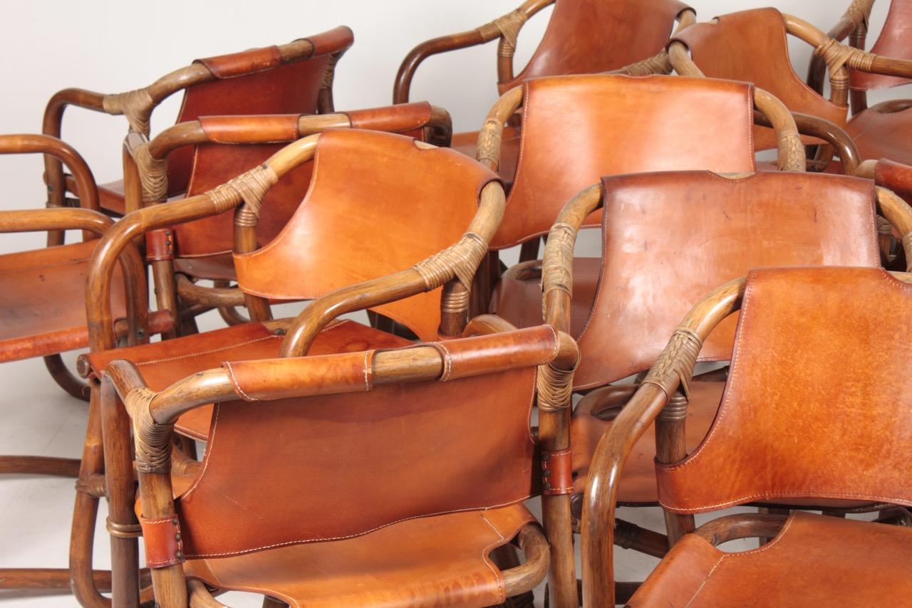 Set of 14 Danish Midcentury Side Chairs in Bamboo and Patinated Leather, 1960s 7