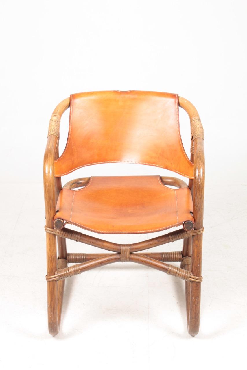 Scandinavian Modern Set of 14 Danish Midcentury Side Chairs in Bamboo and Patinated Leather, 1960s